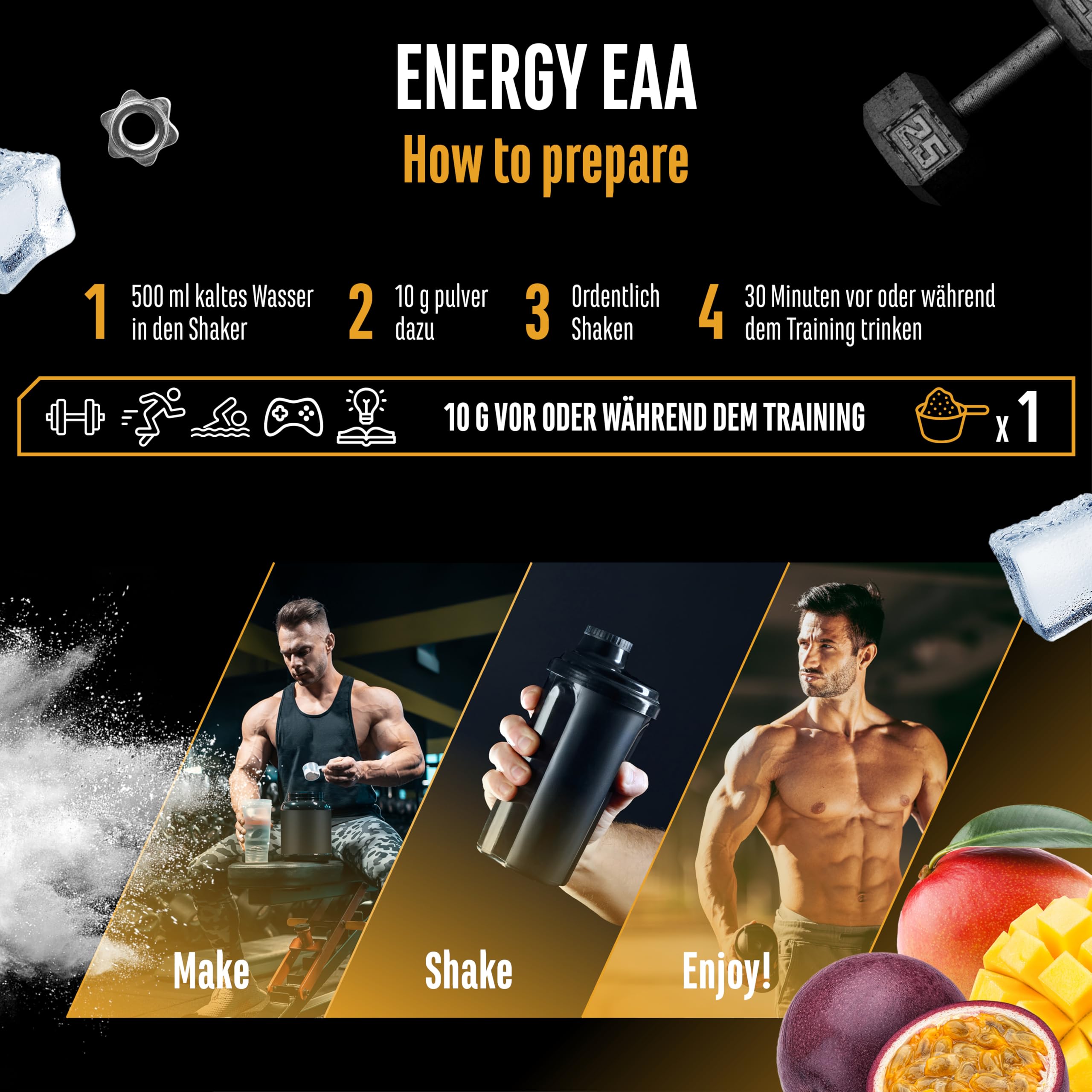 EAA Energy Mix - 500 g - Amino Matrix + Focus Matrix - Zuckerfreie Alternative zu Energy Drinks - Mit Koffein, Taurin, Guarana, N-Acetyl-L-Tyrosin - Pre Workout Booster - Vegan (Mango Maracuja) | Mango Maracuja, Zuckerfrei, mit Koffein, Taurin, Guarana &