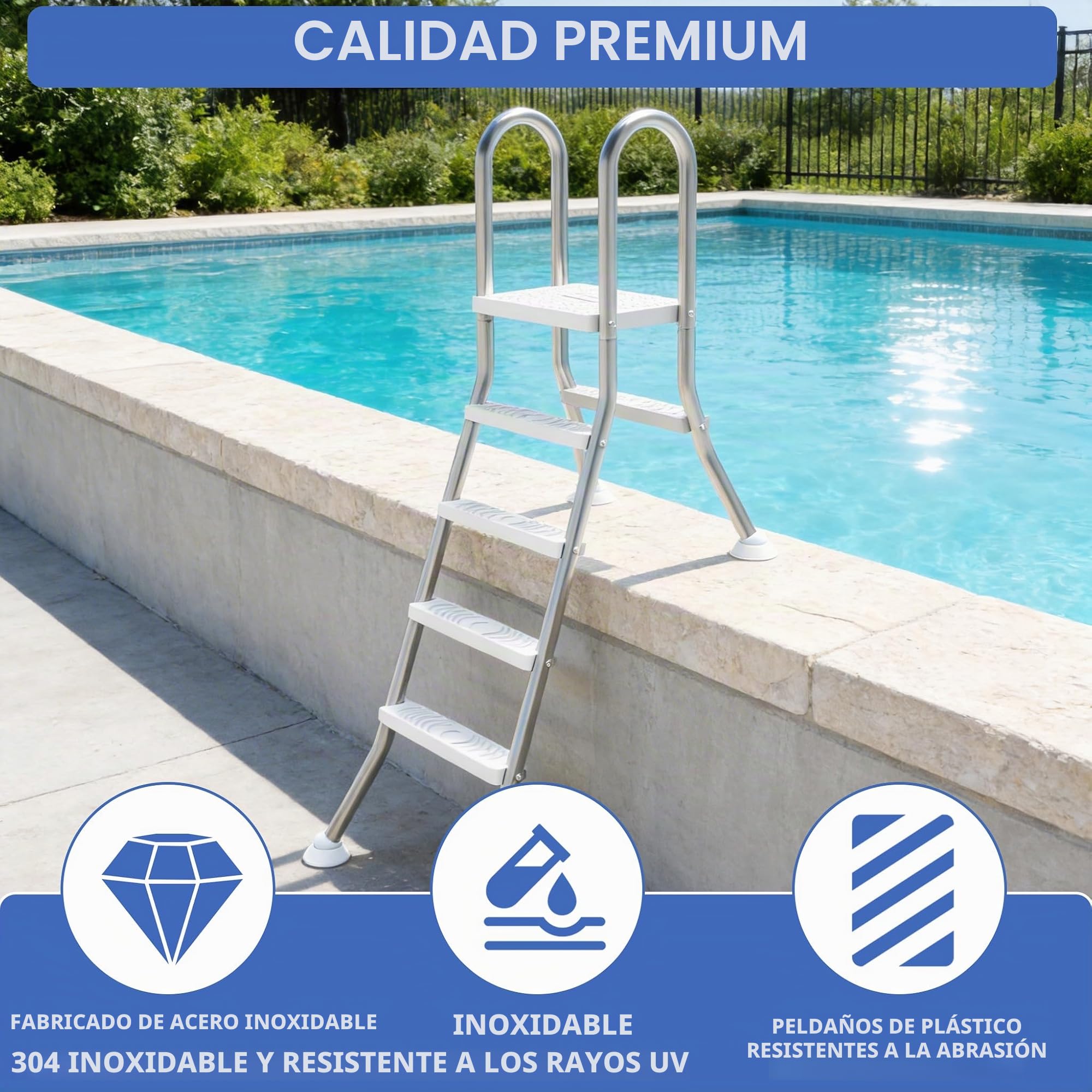 Escalera de piscina de acero inoxidable de 3 + 1 peldaños, con pasamanos de seguridad, peldaños de plástico antideslizante y diseño de rótula, base estable para piscinas y piscinas de hasta 115