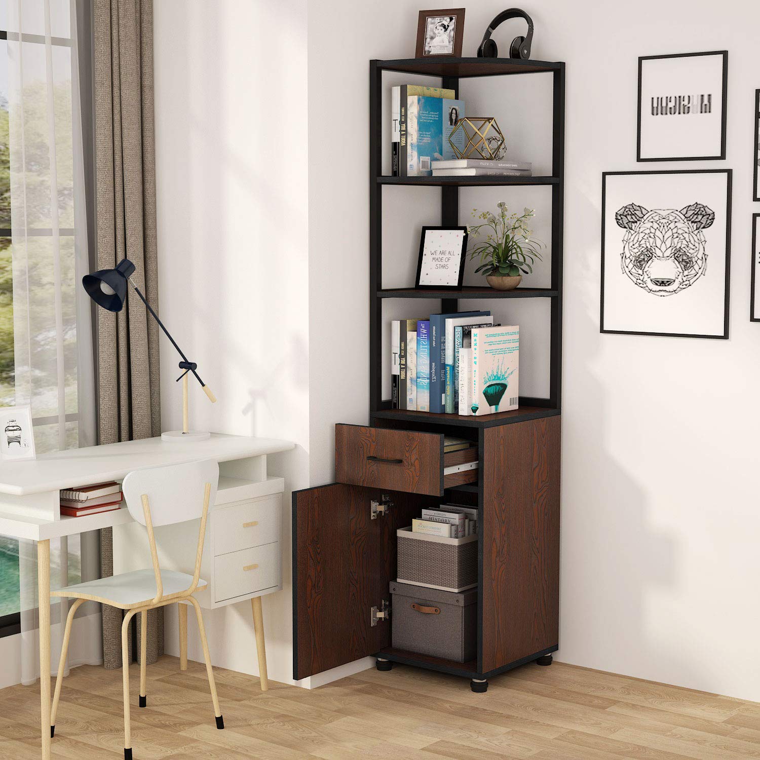 Tribesigns Corner Bookshelf with Vintage Corner Storage Shelf with Drawer and 3Tire