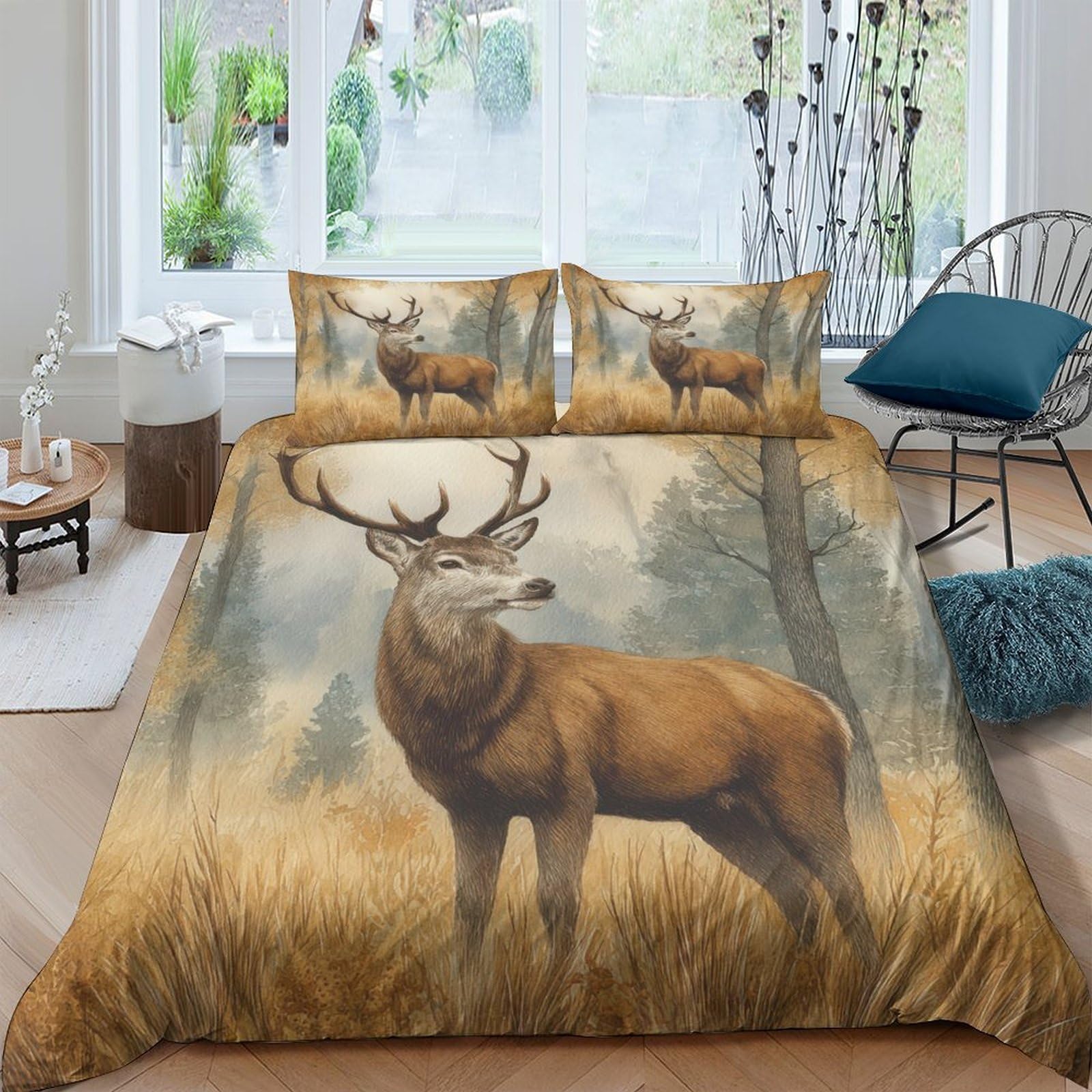 Ctjqhvkz Style-6 3D Printed Forest Deer Fitted Sheet Microfiber Soft Brown Antler Mattress Cover For Bedroom Guest Room Decor Single（135X200cm）