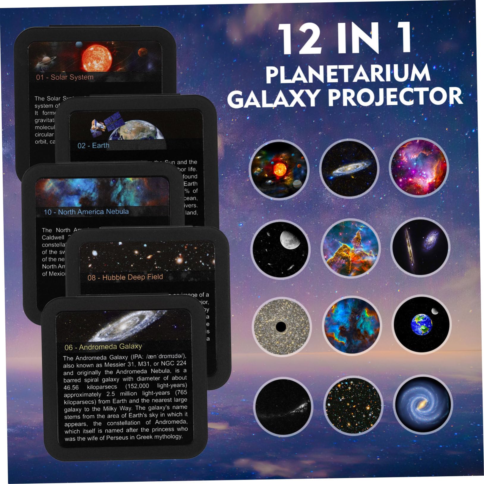 Uonlytech Proyector de Estrellas Espacial para Dormitorio, 12 Discos | Abs y PC Blanco, Giro 12 por Vuelta, Cable USB Incluido, Ruido Inferior a 30 Db