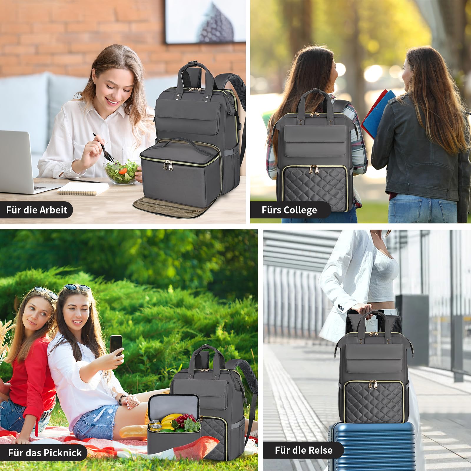 BERTASCHE Zaino per il pranzo, per laptop da donna da 15,6 pollici, con borsa termica isolata, zaino da lavoro 2 in 1, per donne, lavoro, lavoro, viaggi, insegnanti, scuola, università, grigio chiaro
