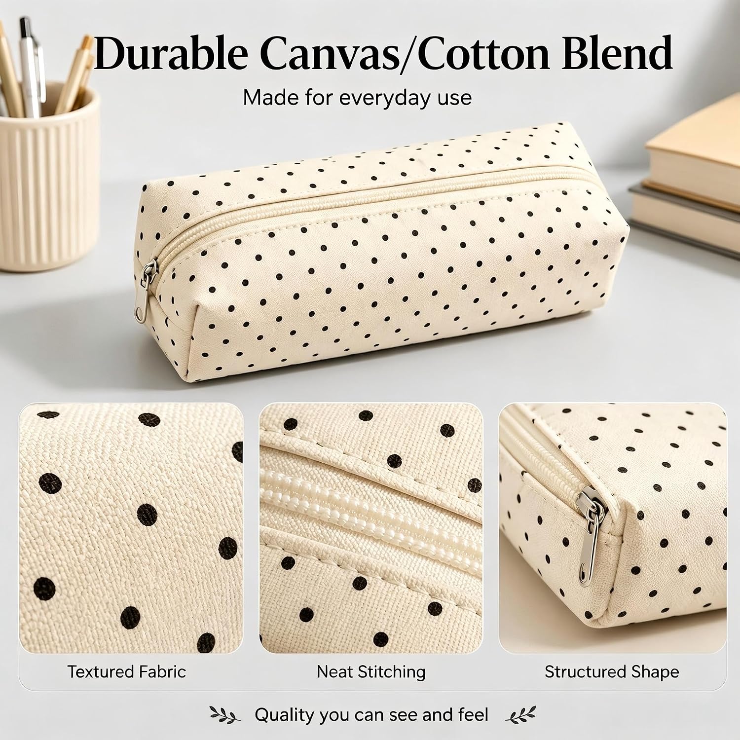 Polka Dot Pencil Case Aesthetic Canvas Pen Pouch Large Capacity for Schools