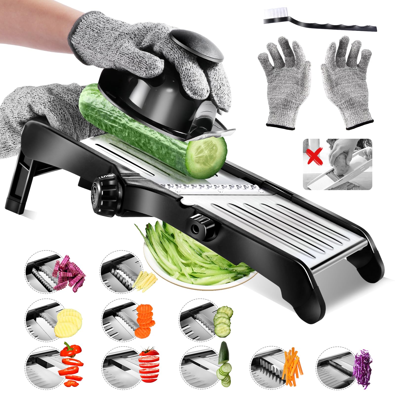Masthome Mandoline de Cuisine Professionnelle en Inox, Coupe Legumes Multifonctions avec Epaisseur de Tranche Réglable, Mandoline Japonaise avec Gants et Brosse à Dents, pour Tranche et Julienne