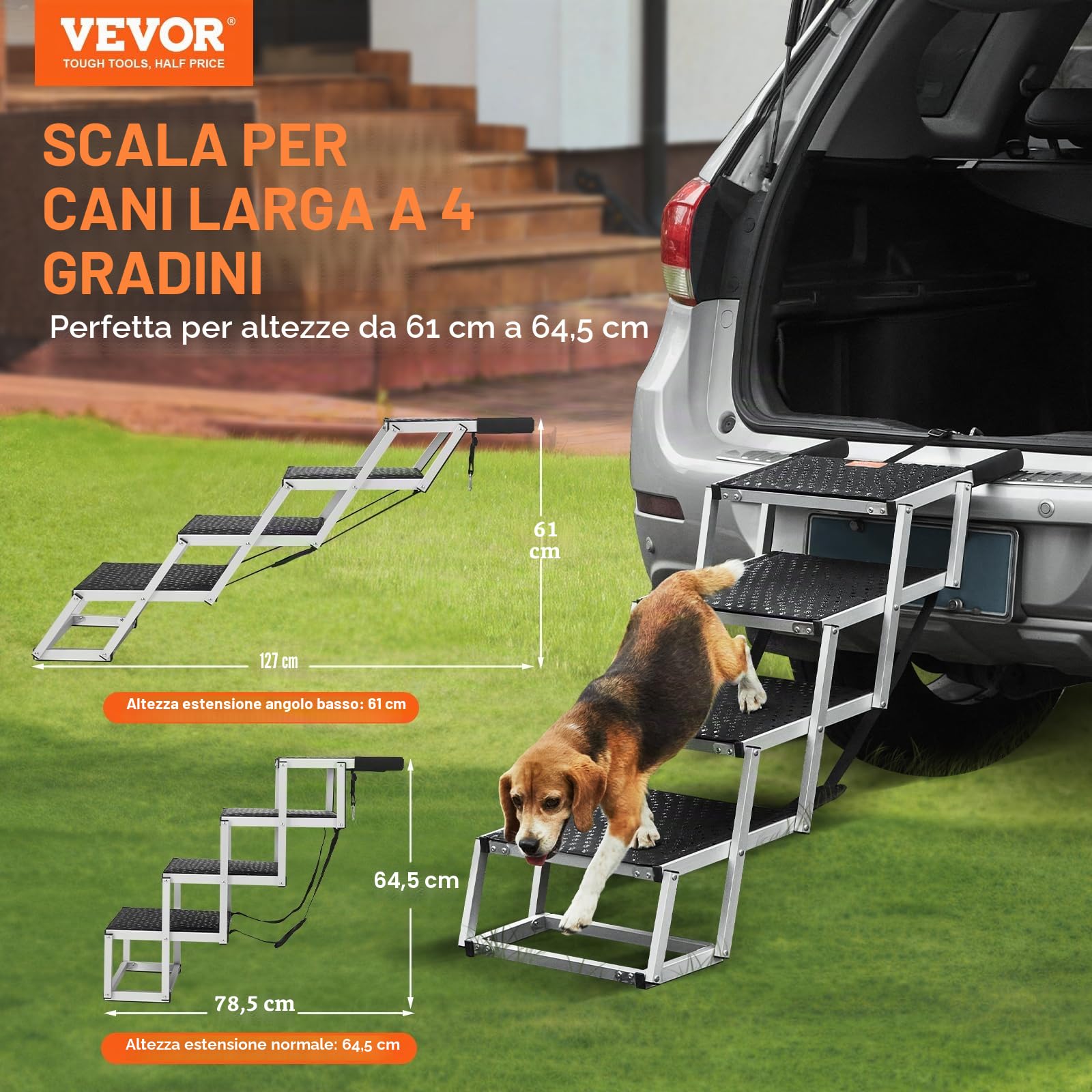 VEVOR Scala Gradini Larghi per Auto per Cani 4 Gradini, Rampa Pieghevole con Superficie Antiscivolo, Animali Domestici Gradini Portatili in Alluminio Leggero per SUV e Camion, Supporta Fino a 68 KG