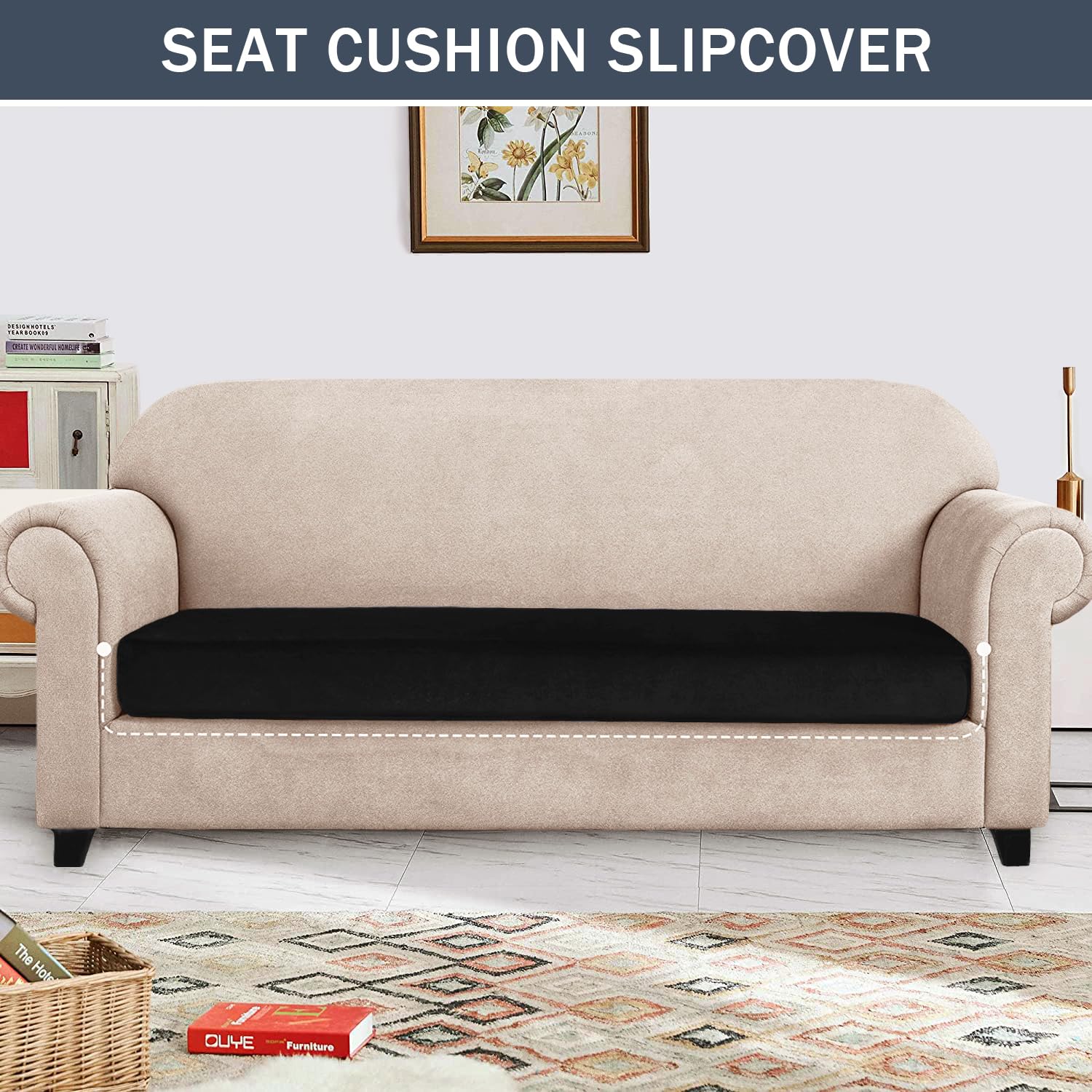 Stretch Cushion Cover, Soft Velvet Plush Cushion Slipcovers Loveseat Sofa Covers Couch Seat Covers Furniture Protector with Elastic Bottom (Medium, Black)