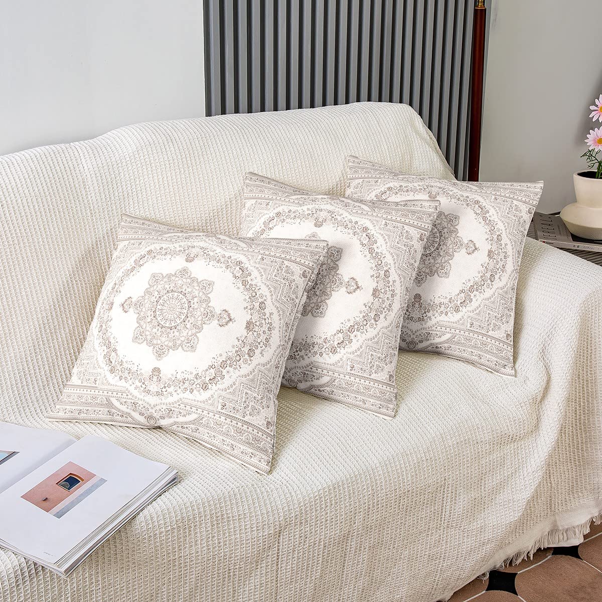 Autiga Federa Cuscino Decorativo Mandala 40x40 Cm In Cotone Bianco - Stile Boho Ethno Per Divano E Letto - 3