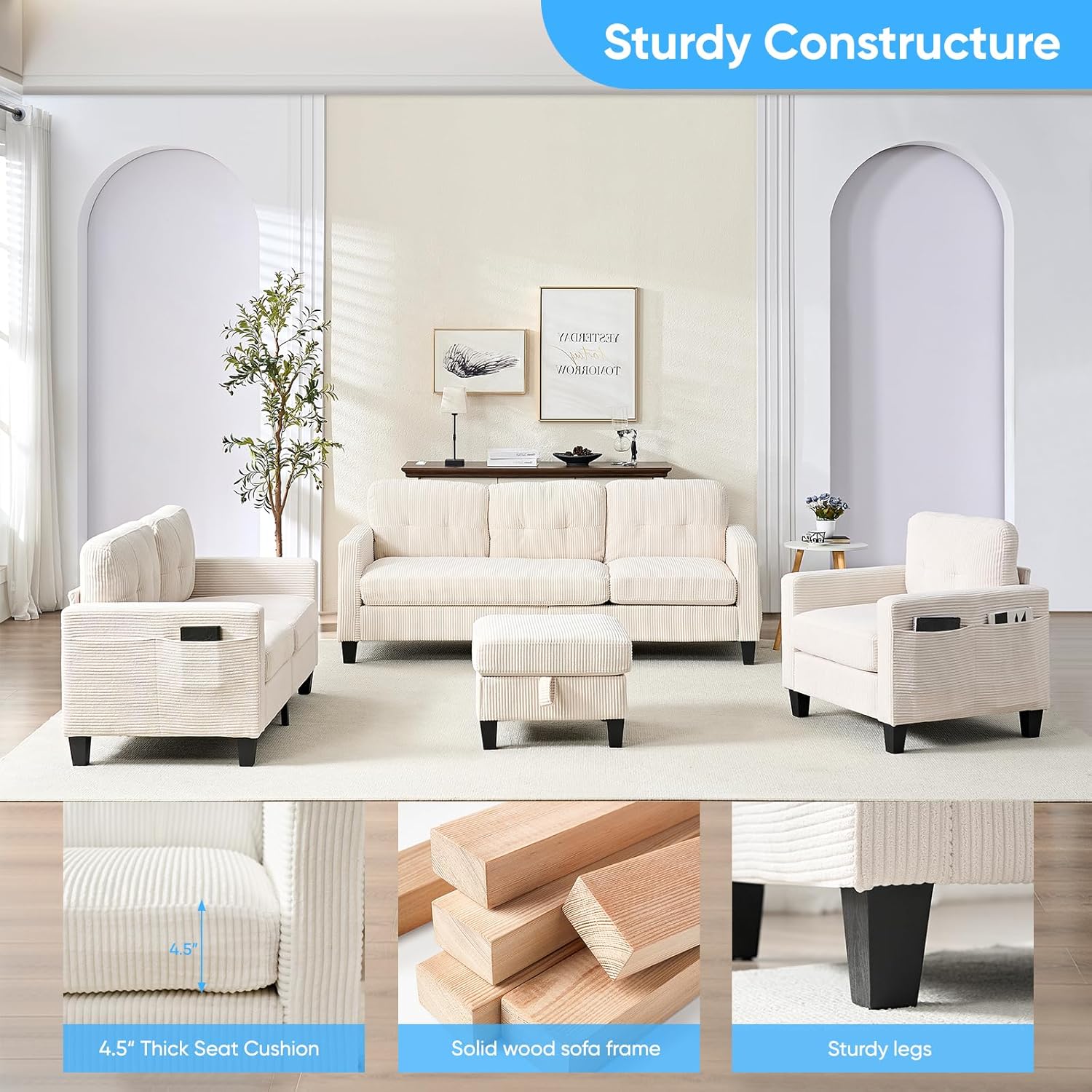 Mjkone 3 Pieces Living Room Set, Corduroy Sectioanl Sofa Set with Storage Ottoman, Convertible Couches with Side Pockets, L Shaped Sofa + Loveseat + Armchair for Living Room Apartment Office, White
