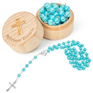 CJiangpo Spanish Baptism Gifts for Boys - My First Rosary with Wooden Keepsake Box Mi Primer Rosario Set, Catholic Christening Baby Dedication Gift for Boy Newborn Baby Shower First Communion Souvenir
