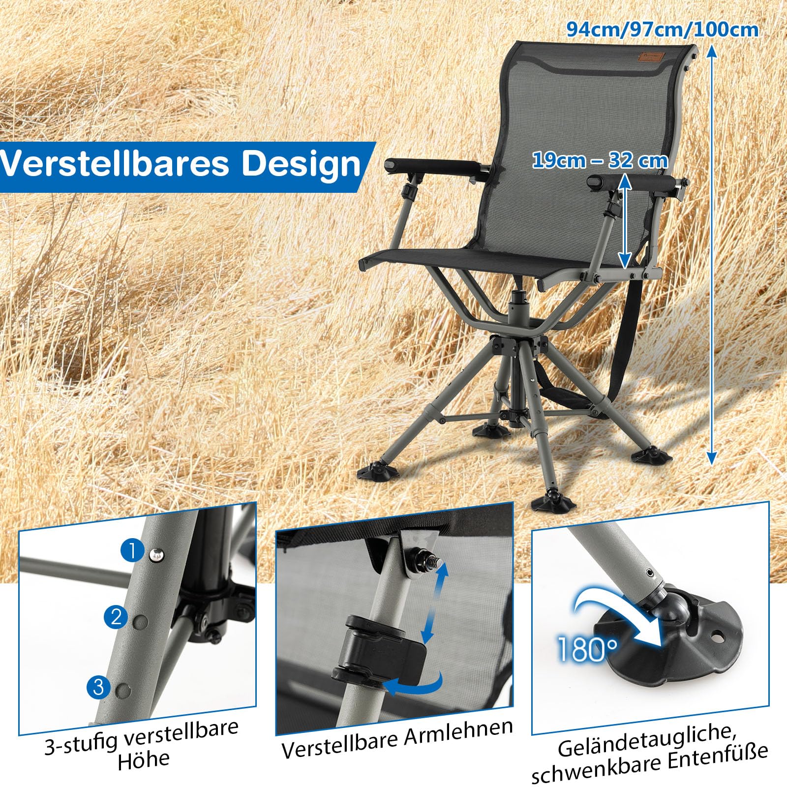 GYMAX Campingstuhl 360° drehbar, Jagdstuhl mit Rückenlehne, Jagdsitz mit verstellbaren Armlehnen & drehbaren Füße, Angelstuhl bis 180 kg belastbar, Klappstuhl höhenverstellbar, zum Jagen & Campen Sonstiges