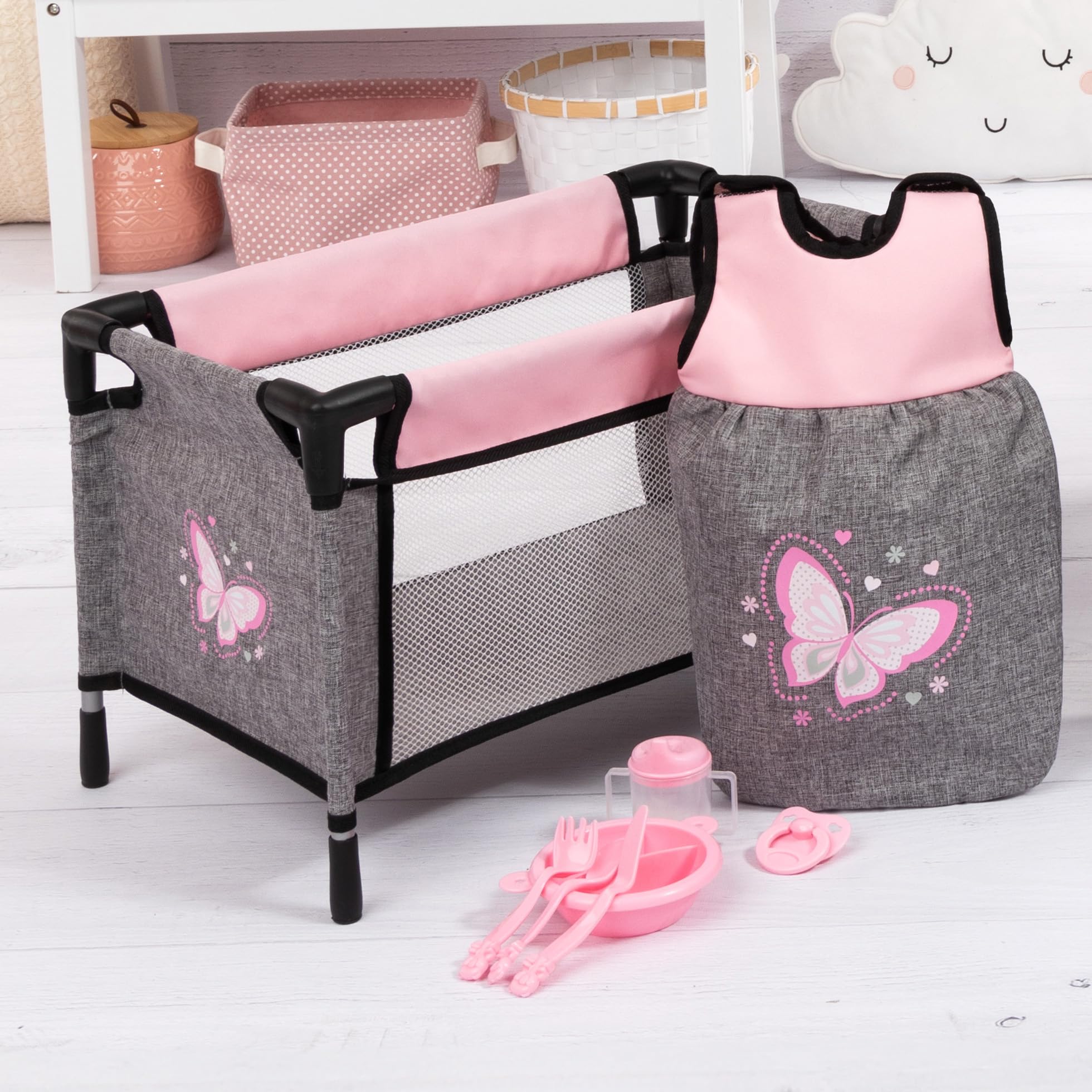 Bayer Design 61733AE Accesorios para muñecas, Cama para muñecos, Saco de Dormir, Vaso, Cubiertos, Plato y Chupete