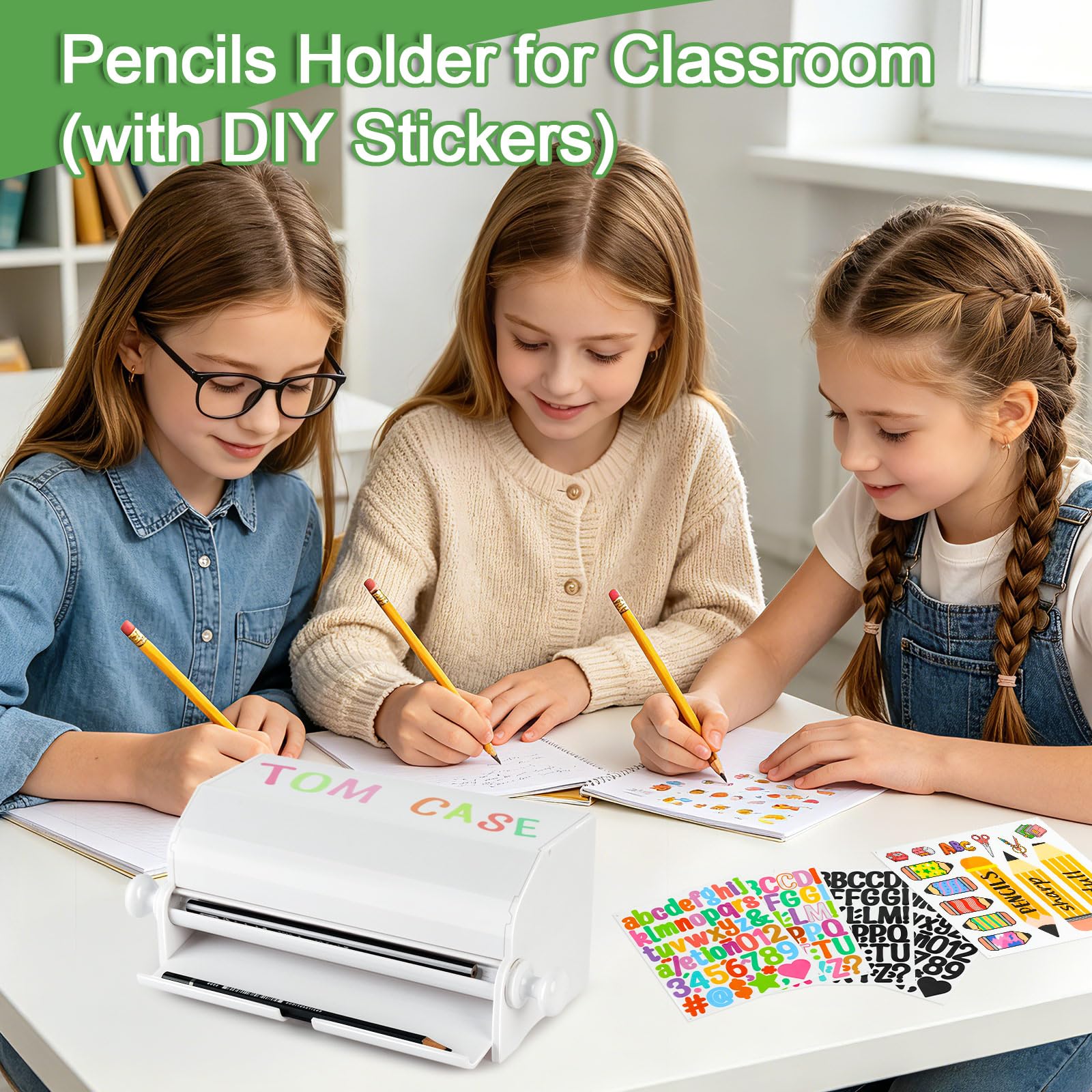 Dispensador de lápices para aula con 4 hojas de calcomanías, soporte acrílico para lápices para escritorio, caja de almacenamiento para lápices para uso en la oficina o regalo para profesores
