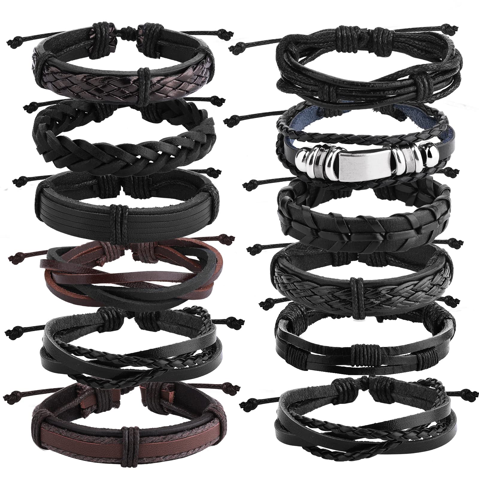 Yolev 12 Piezas Pulseras de Cuero Trenzado Hombre Mujer Pulsera Hombre Cuero de Puño Ajustables Pulseras Anchas de Color Marrón Negro Brazaletes de Cuero Hombre Trenzado