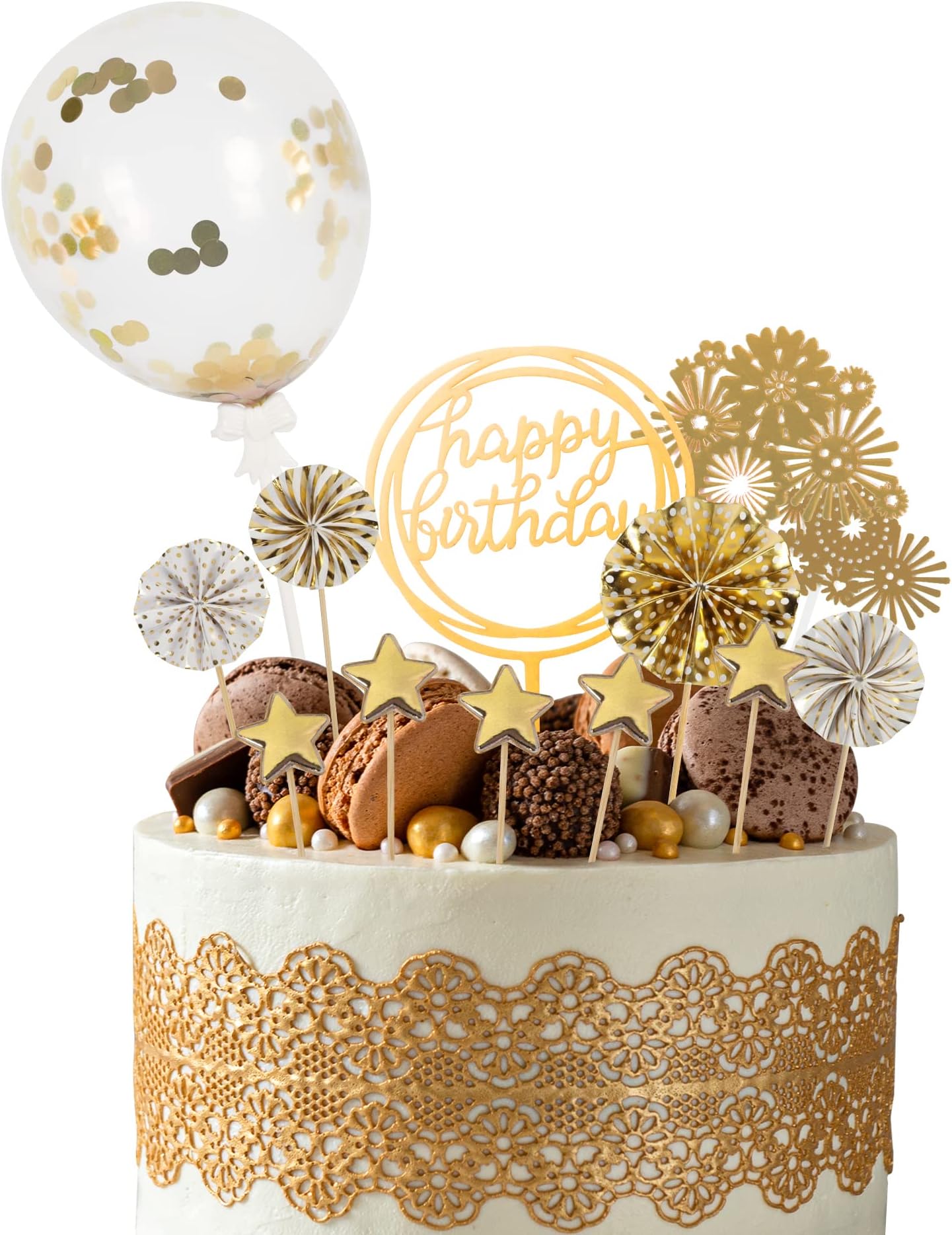 13 PCS Cake Toppers Set, Happy Birthday Toppers with Sequins Balloon Paper Fans Stars Acrylic Cake Decorations (Gold)