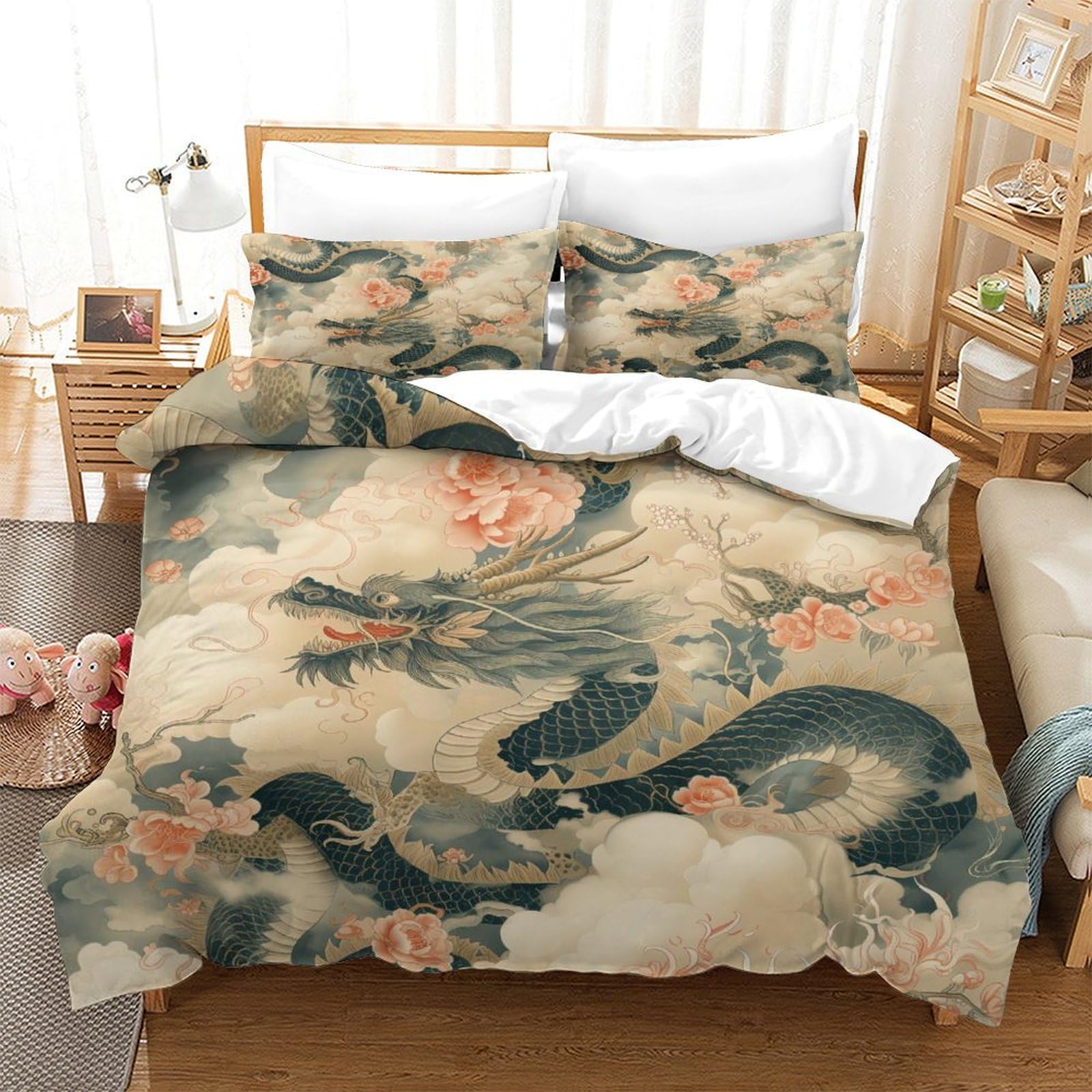 DCABEIOOE Dragon 3D Printed Printed Comforter Girls Boys Children Comforter Cover 3Pcs Modern Bedroom Decor 3 Pcs Bedding Set Double（200x200cm）