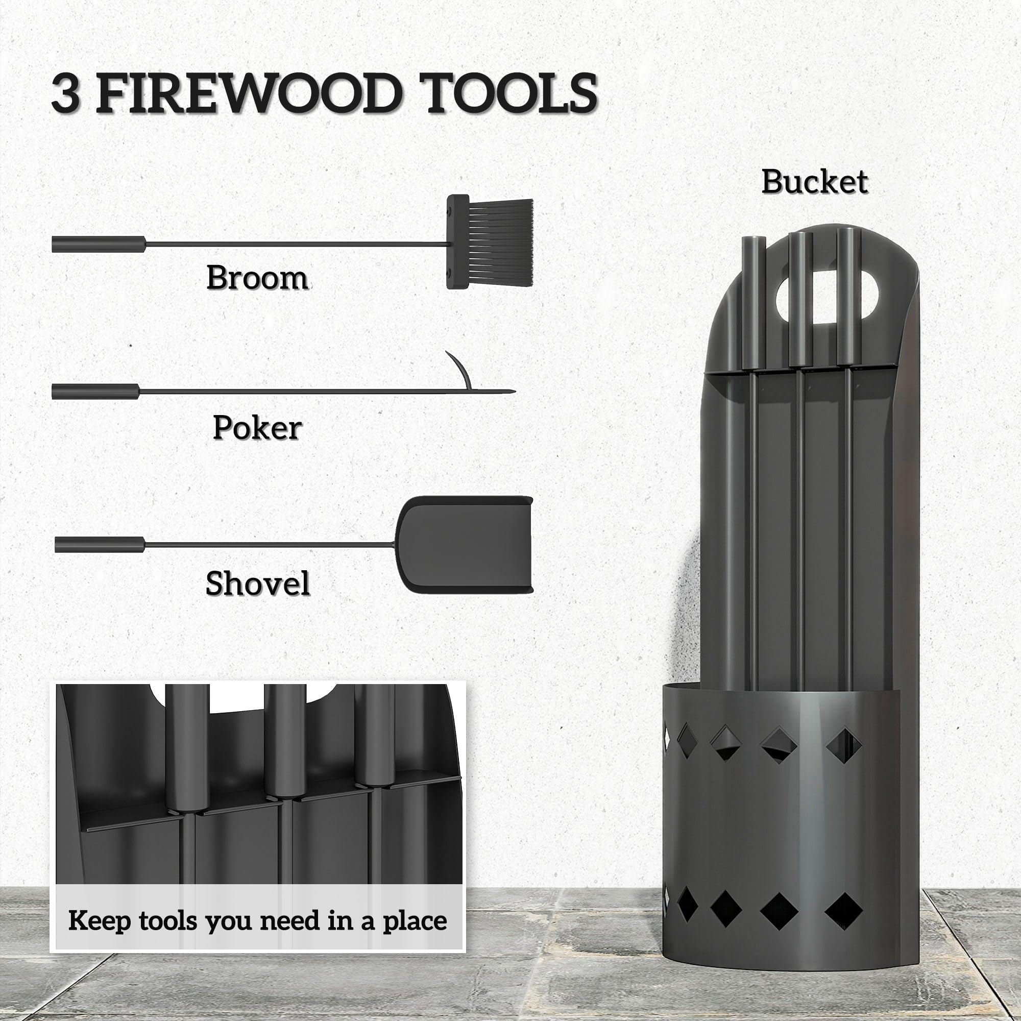 Outsunny Juego de 4 accesorios de chimenea de metal, juego de accesorios para chimenea con escoba, pala, póquer, cubo, color negro