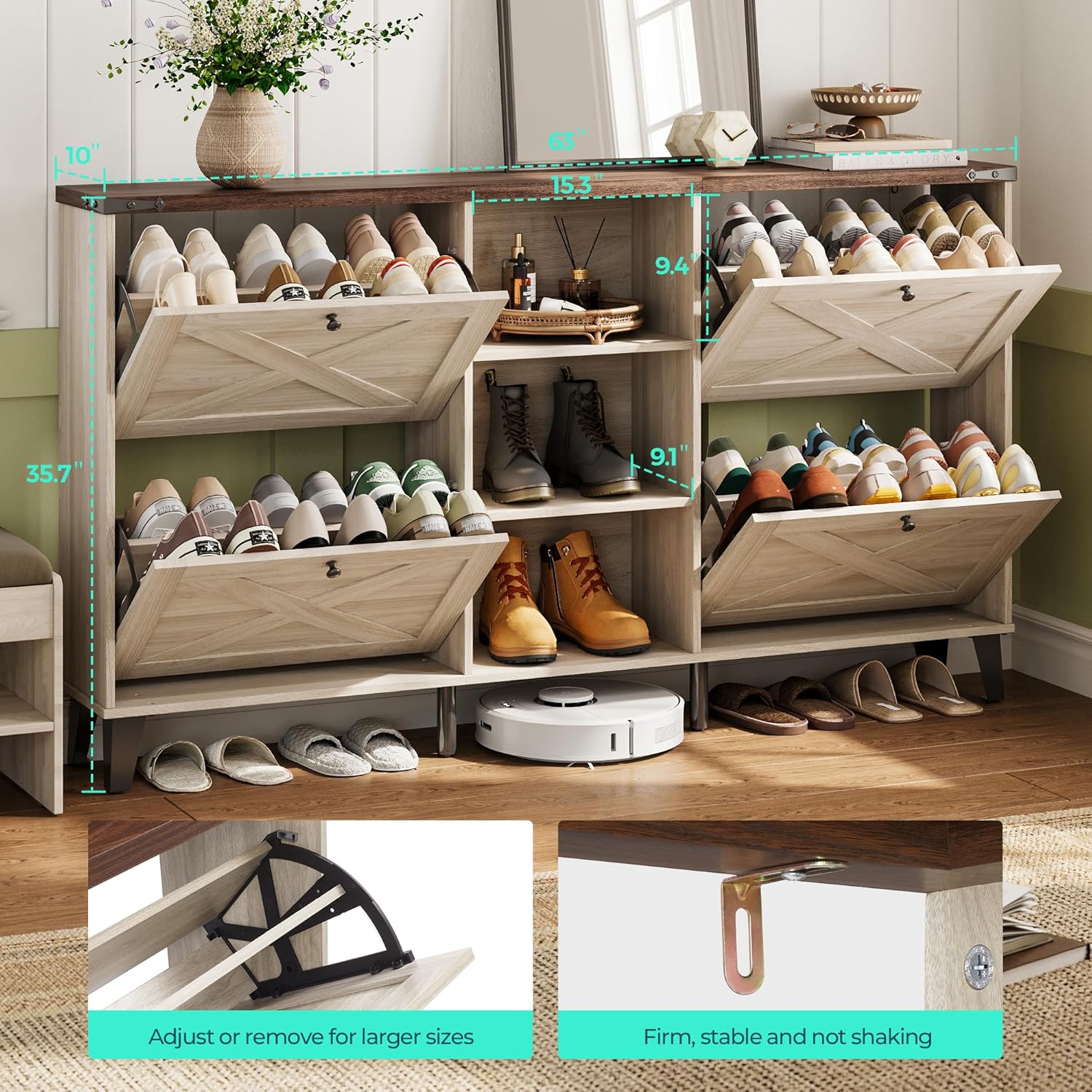 LINSY Shoe Storage Cabinet, Large Shoe Cabinet with Flip Drawers, Farmhouse Shoe Rack Cabinets for Boots, Wood Hidden Shoes Storage Organizer for Entryway, Front Door, Hallway, Washed White