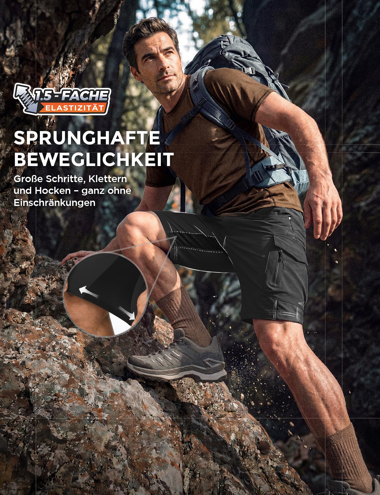 Wespornow Wanderhose Herren Kurz Schnelltrocknend 4-Way-Stretch Verstärkt Schritt 6 RV-Taschen Leicht Geräuschlose Trekking