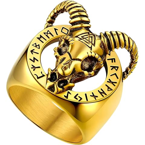 Mens Gothic Punk Ring Gold Color Stainless Steel Viking Rune Symbol Goat Skull Ring Satanic Jewelry Gift-T47