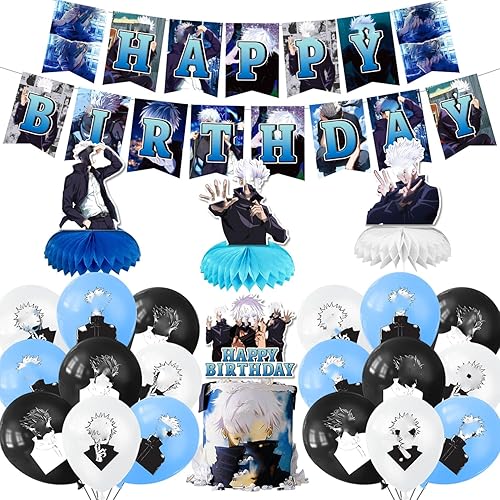 35 piezas de decoración de fiesta de anime Satoru, temática de gojo de anime, pancarta de cumpleaños, centros de mesa de panal, decoración de