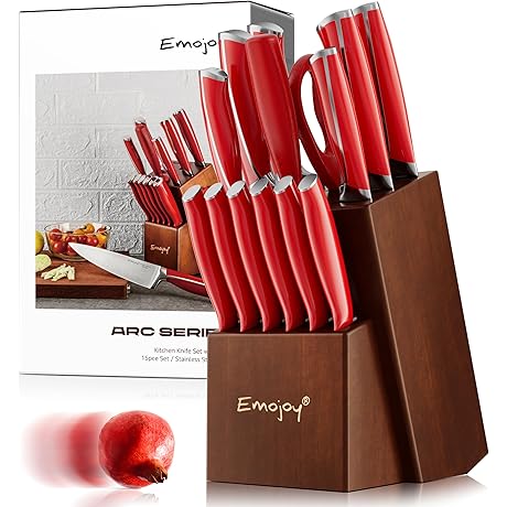 Emojoy 15-Piece Kitchen Knife Set with Wooden Block