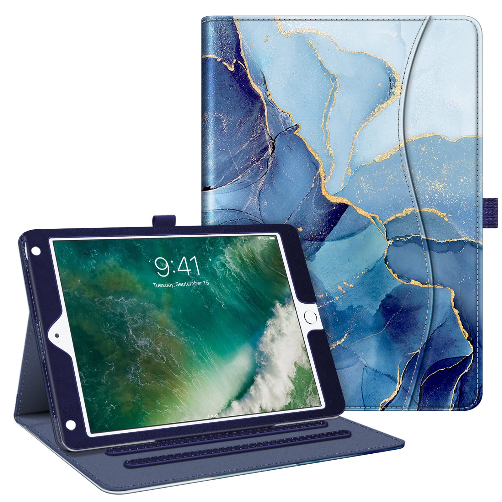 FintieCase for iPad 6th / 5th Generation (2018 2017 Model, 9.7 Inch), iPad Air 2 / Air 1 (9.7 Inch) - [Corner Protection] Multi-Angle Viewing Stand Cover with Pocket, Ocean Marble