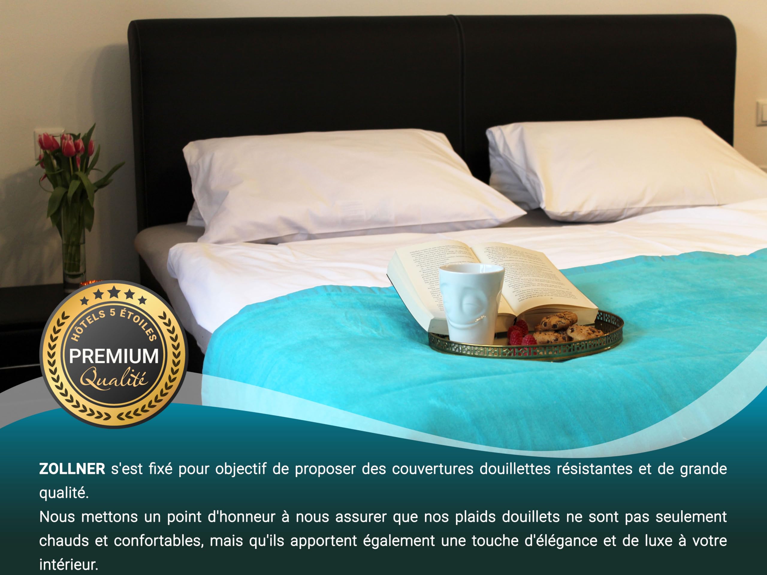 ZOLLNER Couverture Douillette Moelleuse en 150x200 cm - Couverture de canapé Douce en Turquoise - Lavable jusqu'à 40°C - avec Bande de Bordure - qualité hôtelière - certifiée Oeko Tex®
