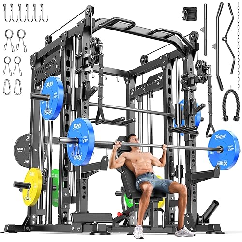 Smith Machine with Cable Crossover System, Multi-Function Power Cage Squat Rack for Home Gym, Power Rack and Packages Weight Sets.