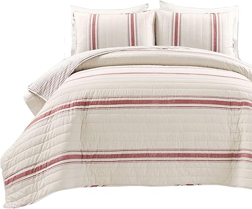 Miniatura 9 de Lush Decor Farmhouse Stripe - Juego de edredón reversible de algodón de 3 piezas, tamaño King, color rojo