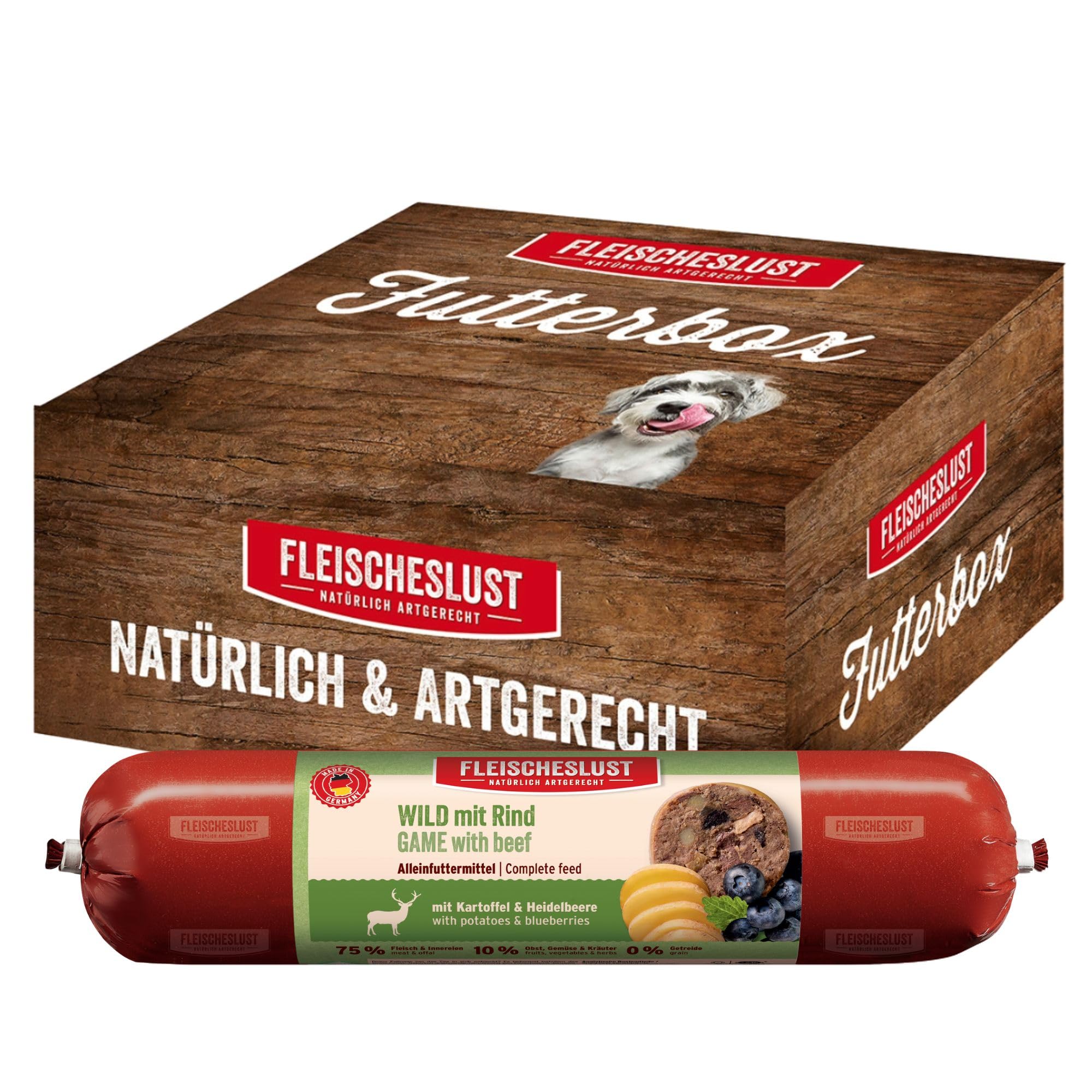 Fleischeslust Salchichas para perros, caza y ternera con patatas y arándanos, 6 x 800 g, comida húmeda, resistente a los cortes, sin cereales, pienso completo para perros adultos