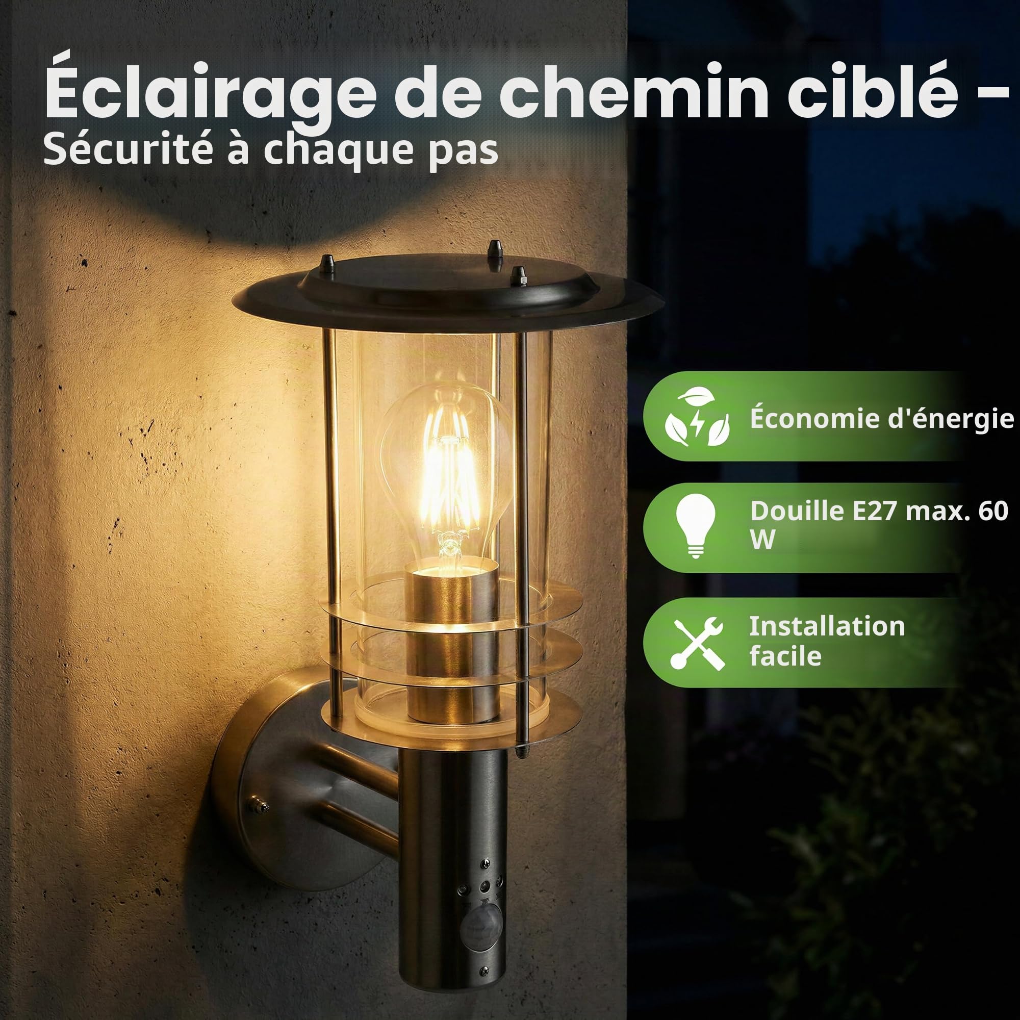 grafner® Design Applique murale en acier inoxydable avec détecteur de mouvement E27 Lampe murale intérieur et extérieur IP44