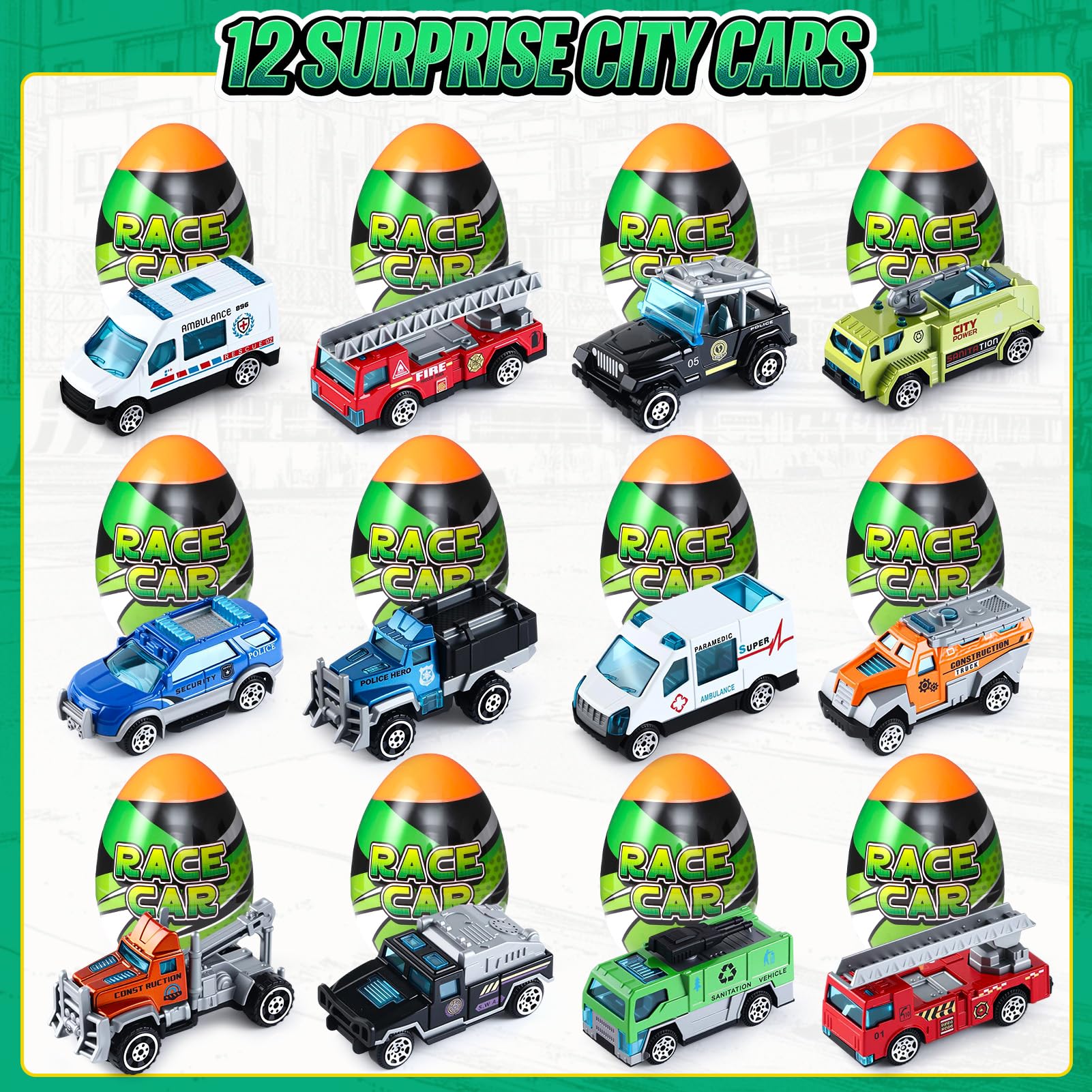 Auto Spielzeug Set Überraschungsei Stadtautos und Lastwagen Druckgussauto 12 Stück Spielzeugfahrzeug Blindboxen Überraschungsei Zurückziehen Fahrzeuge Ostern Geburtstag Geschenk für Kinder ab 3+ Jahre - 3