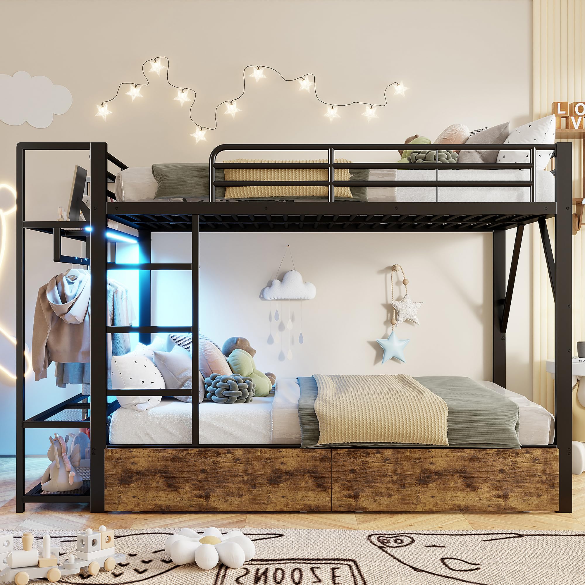 Letto a castello, 140 x 200 cm, telaio in ferro, 2 cassetti, ripiani multipli, con asta, materasso non incluso (nero)