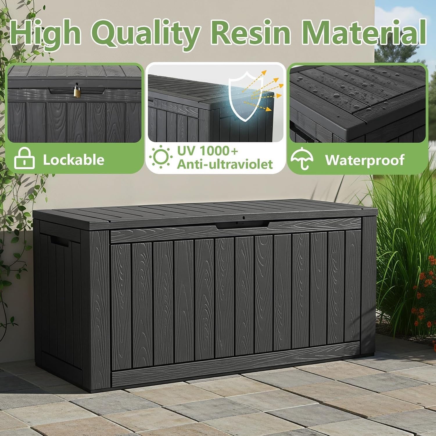 Baulera Exterior Impermeable 130L para Almacenaje Terraza, Rayado Negro
