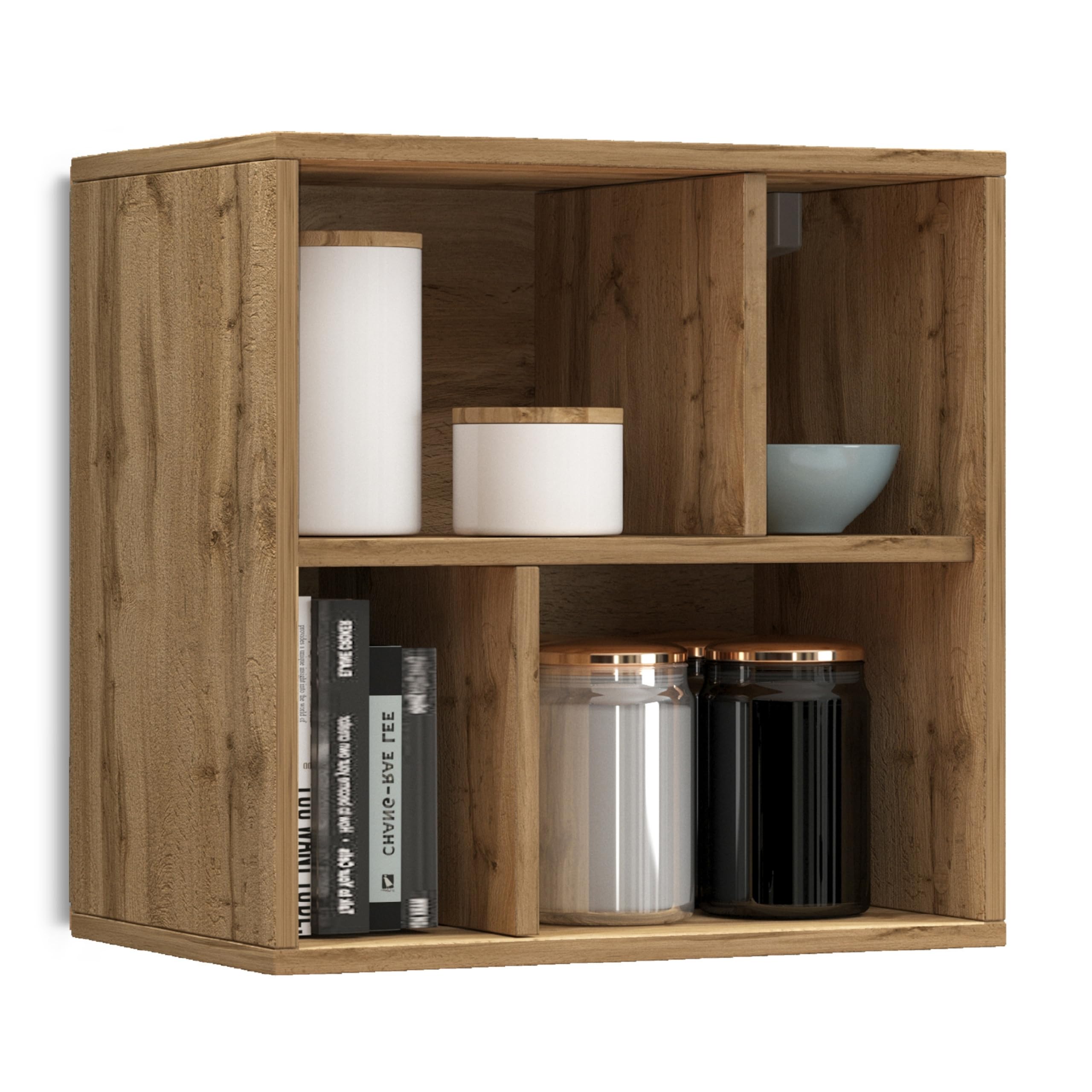 WHOUS Pensile a Cubo CHRONOS per Soggiorno con 4 Vani, Pensile a Giorno e Libreria Multiuso per Salotto, 50x35x50 cm, Rovere