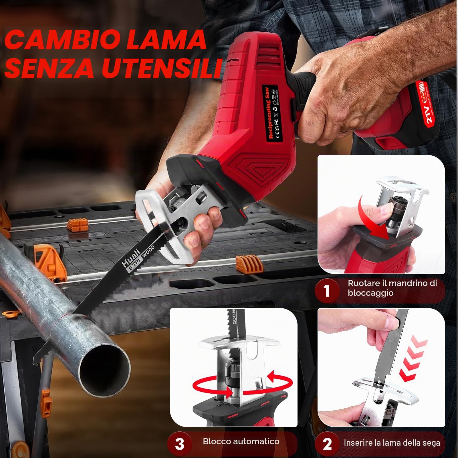 Gattuccio a Batteria, 21V Sega a Gattuccio, Sega Elettrica con 2 Batteria, 0-4000RPM Velocità Variabile Seghetto a Gattuccio, 8 Lame, Seghetto Alternativo Senza Utensili per Legno Metallo PVC