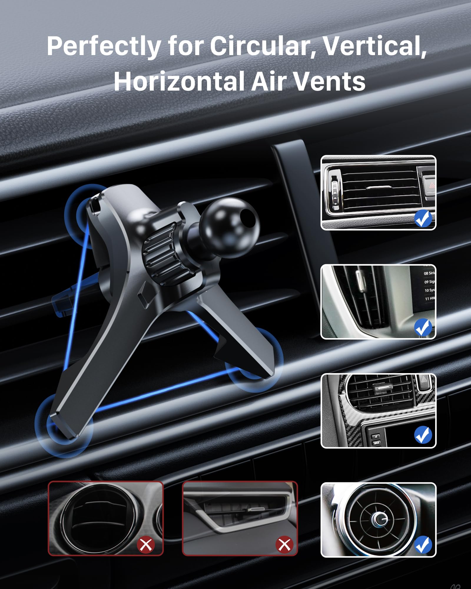 YOSH Mini Cooper Phone Holder for Round Air Vent, Fits Mini Cooper 2013‑2024, Audi A1/A3, Stable Triangle Support Mercedes Phone Holder, Big Phone Friendly for iPhone Samsung All 4.0''- 7.0'' Phones - 4