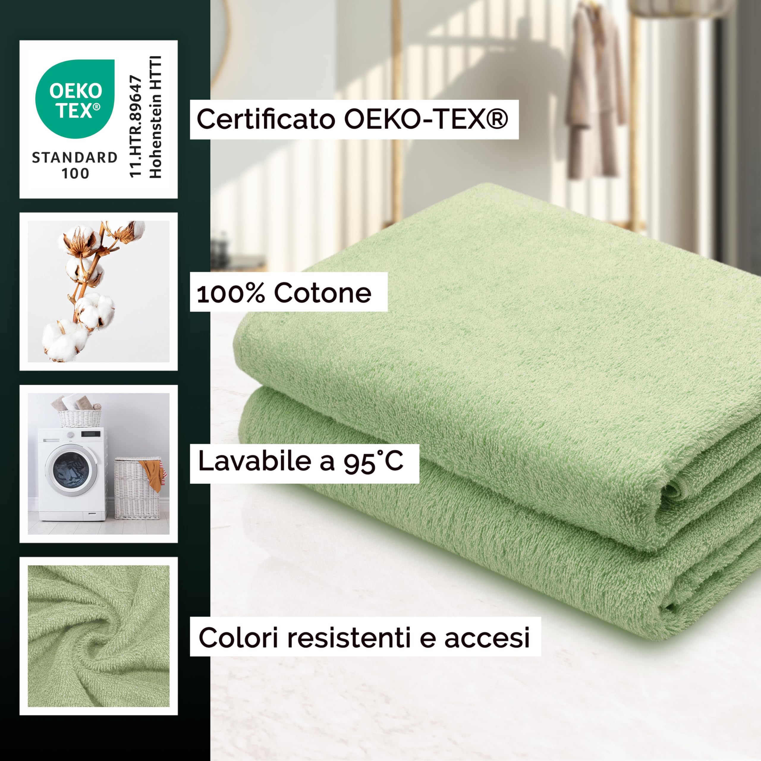 ZOLLNER 2 teli doccia - morbidi e assorbenti asciugamani da bagno - lavabili a 95°C - cotone - 70x140 cm - verdino