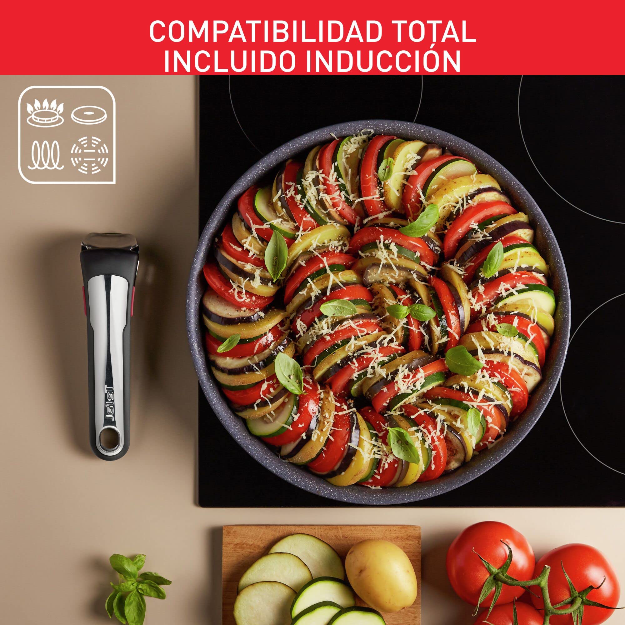 Tefal Ingenio Natural On - Juego de Sartén 28 cm + Cazo 20 cm + Wok 26 cm + Mango extraíble, Apto inducción, antiadherentes, revestimiento titanio, apto lavavajillas y horno