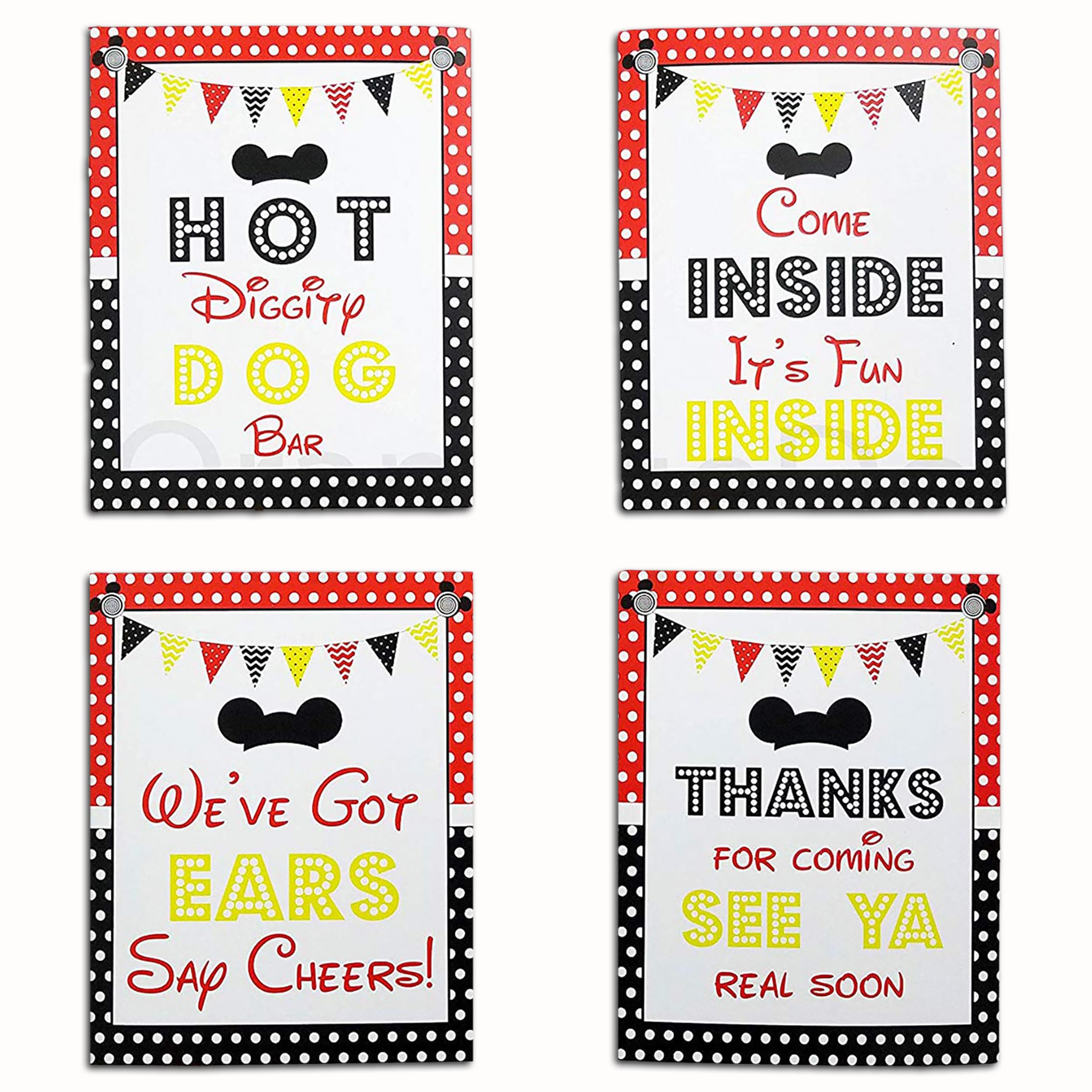 Mickey Birthday Signs - 8" x 10" Set of 4 Mickey Mouse Party Signs - Mickey Mouse Food Labels - Come Inside Its Fun Inside Sign - We've Got Ears Say