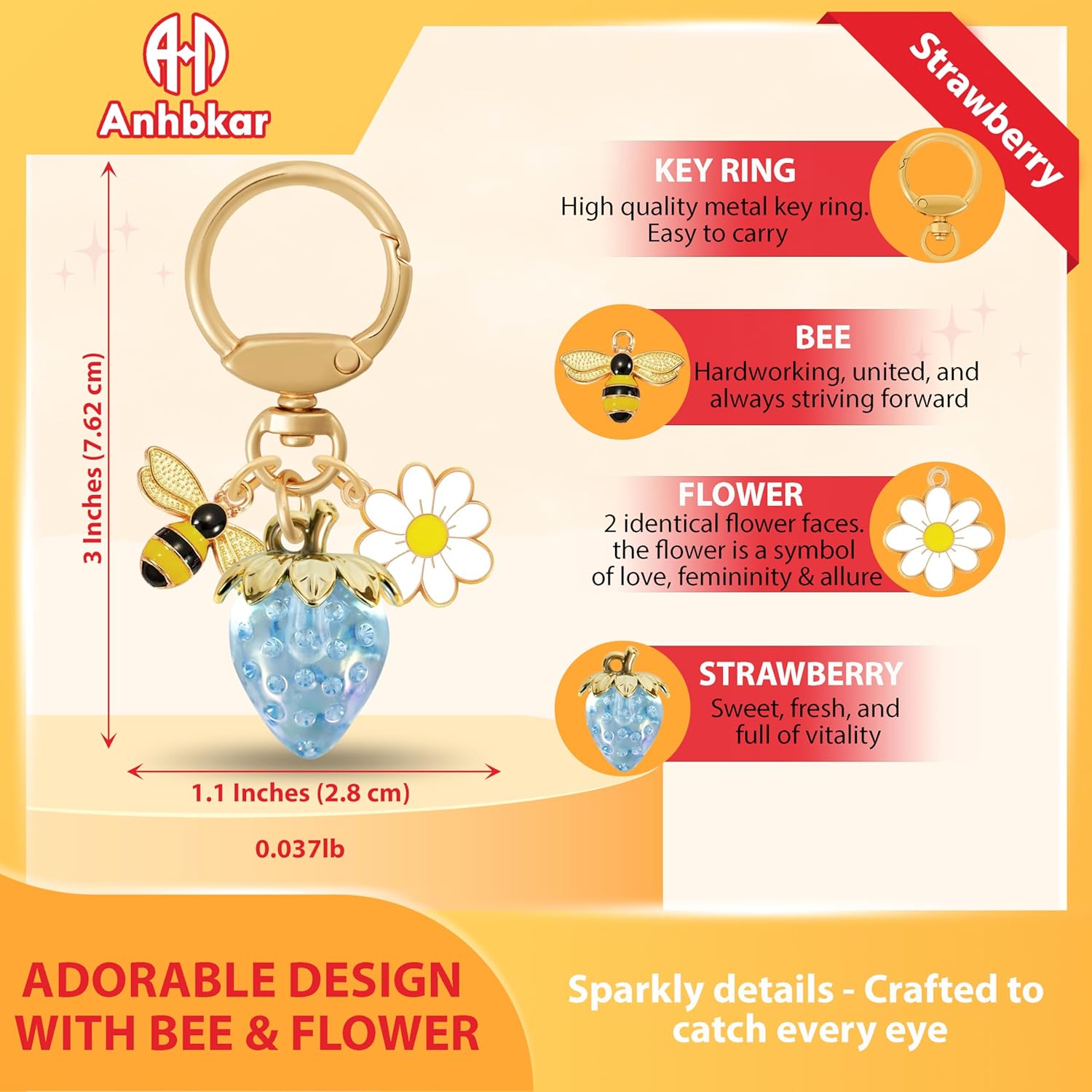 Strawberry Bag Charm with Flower & Bee for Handbags or Wallet - Cute Strawberry Keychain Accessories for Women, Girls - Image 2