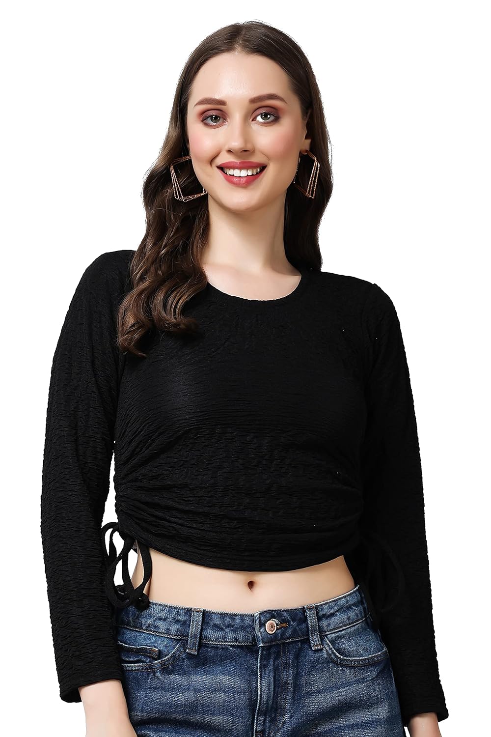 POPWINGS Casual Self Design Regular Fit Polyester Full Sleeves Crop Tops for Women with Crush String