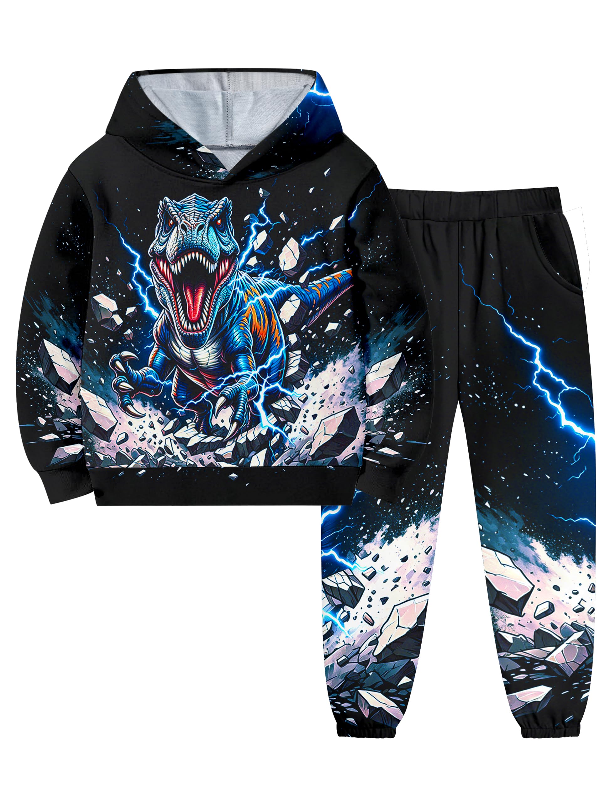 Boys Clothes, T-Rex Print Dinosaur Boy Clothes Fall Winter Outfits Long-sleeved Hooded Sweatshirt Pants 2Pcs Set
