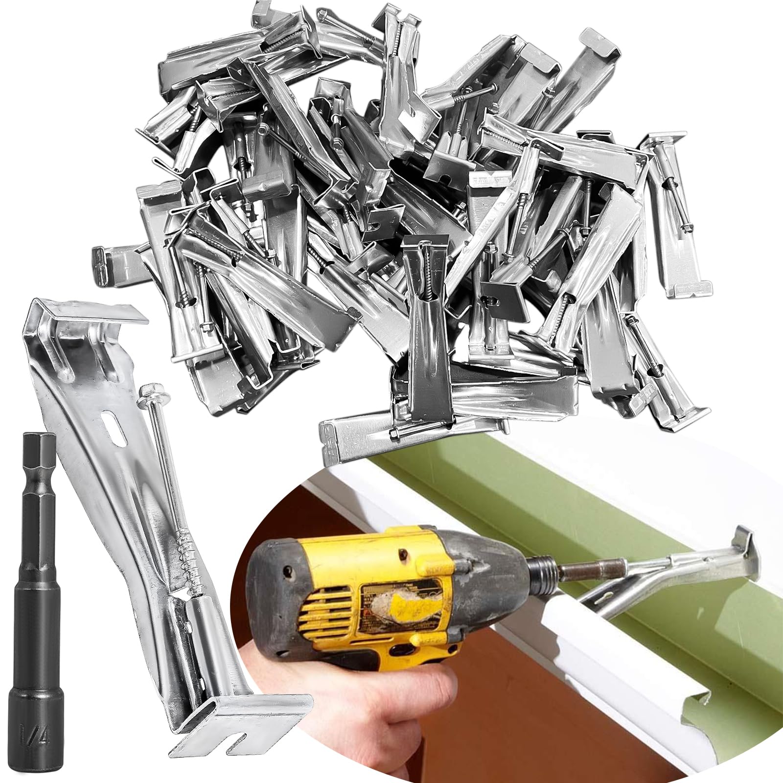 5inch Gutter Hangers (60Pcs) with Pre-Inserted Quick Screw Gutter Clips, Hidden Bracket Clips for 5" K-Style Aluminum Gutters - Come with 1/4” Hex Drill Bit
