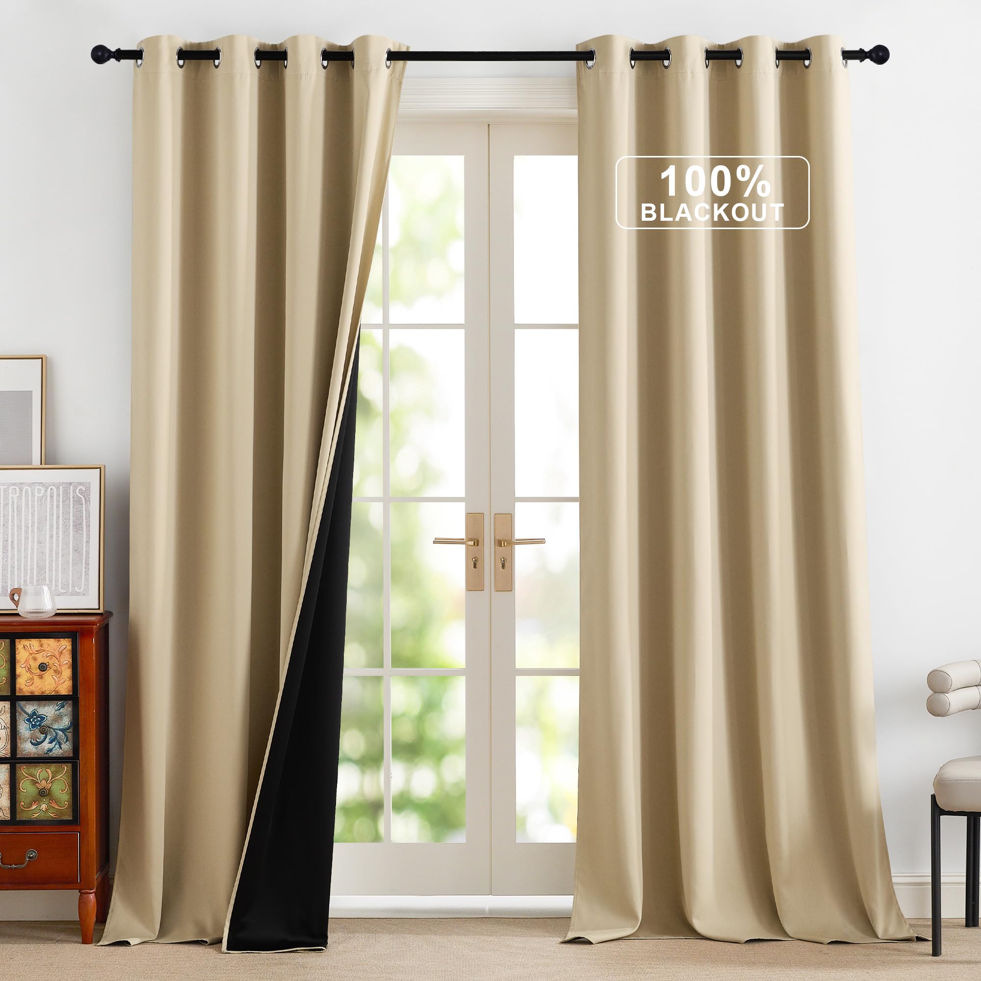 PONY DANCE Cortinas Dormitorio Opacas 2 Piezas, Cortinas Beige Blackout Termicas Aislantes el Calor con Ojales para Salon/Habitacion,140x245cm,Beige Oscuro Global Recycled Standard OEKO-TEX STANDARD 100 Global Recycled Standard Global Recycled Standard