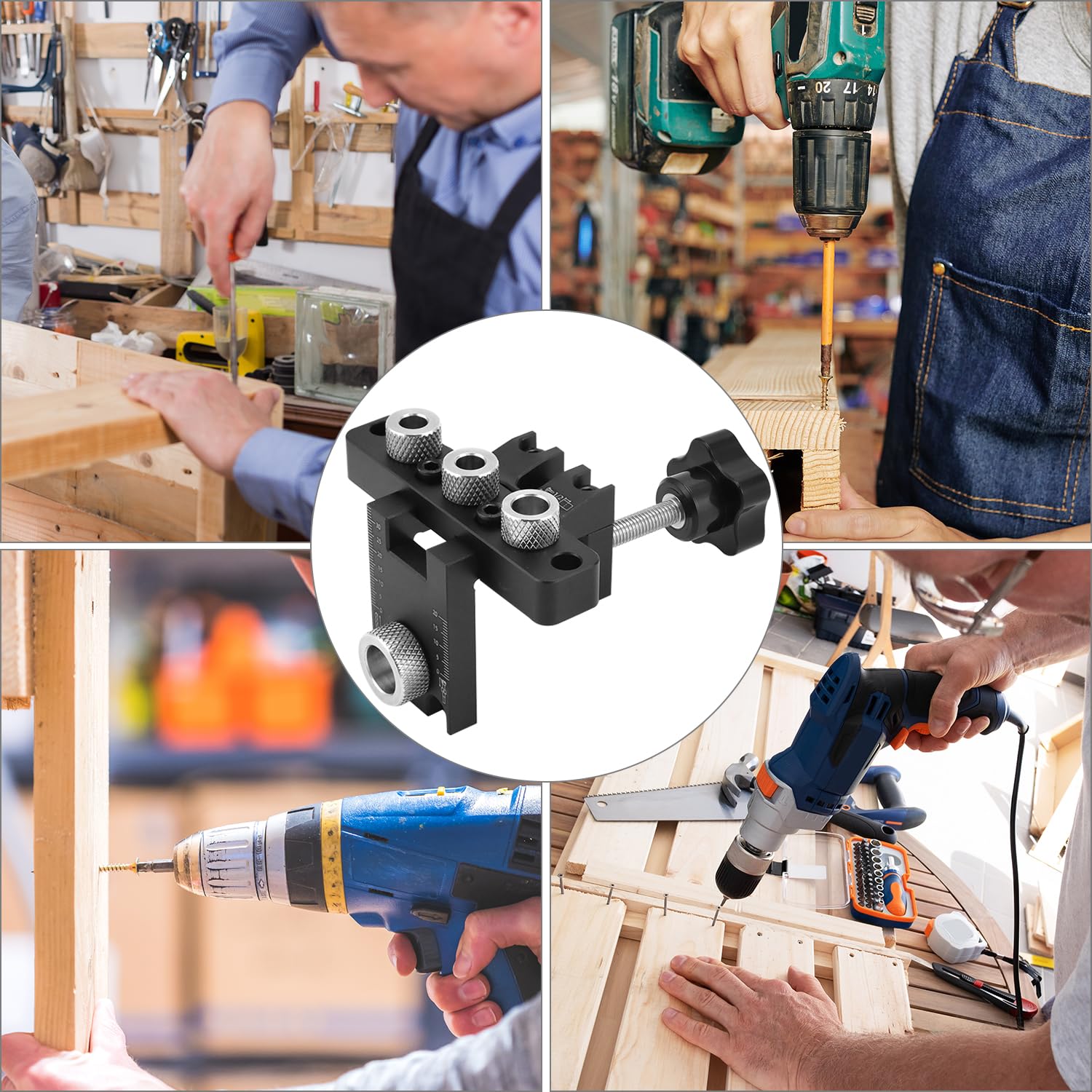 QWORK® Kit di Dima per Spinatura Legno 3 in 1 - Guida per Trapano con Punte 8mm, 10mm, 15mm - Include Boccole di Perforazione e Blocco di Posizionamento