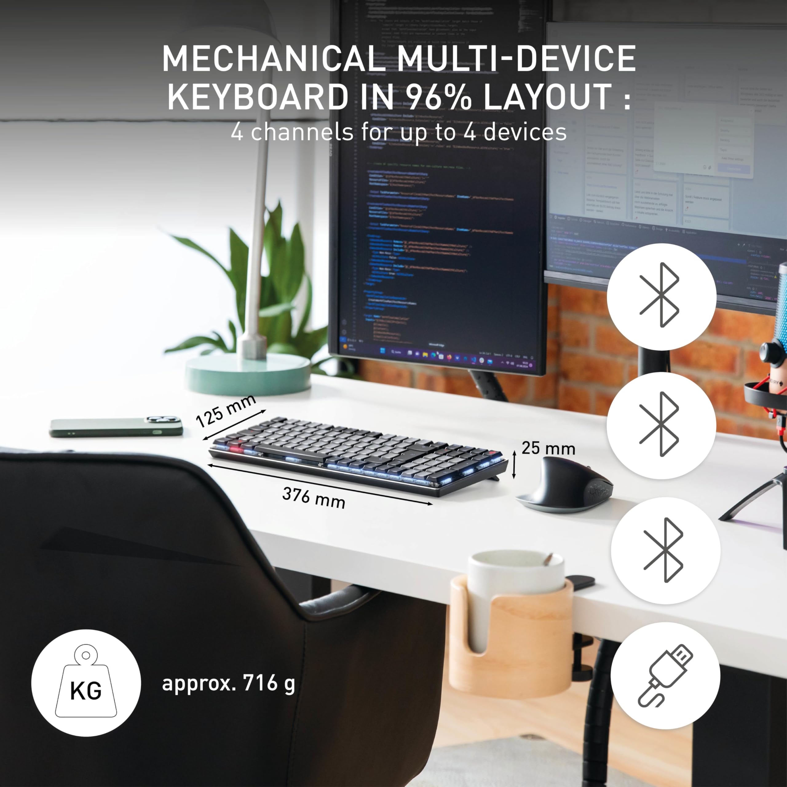 CHERRY KW 550 MX LP, Niskoprofilowa Klawiatura Mechaniczna W Formacie 96%, Układ Niemiecki (QWERTZ), Funkcja Multi-Device, Przełączniki MX LP 2.0 IVORY, Czarny
