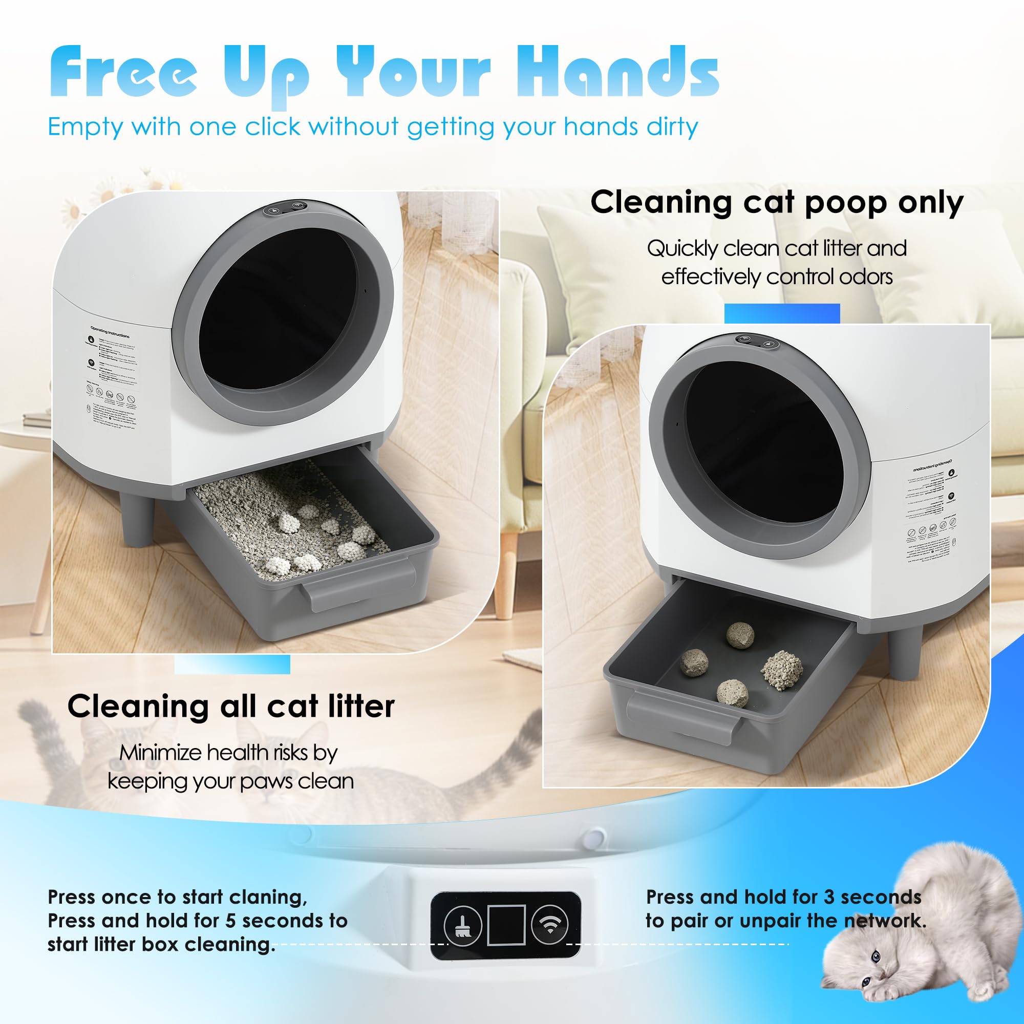 Automatic Cat Litter Box, Self Cleaning Litter Box with APP Control for Multiple Cats, Large Robot Kitty Litter Box with Safety Sensors, Odor Removal, 2 Roll Garbage Bags, 90L Cat Ears Design - image 5