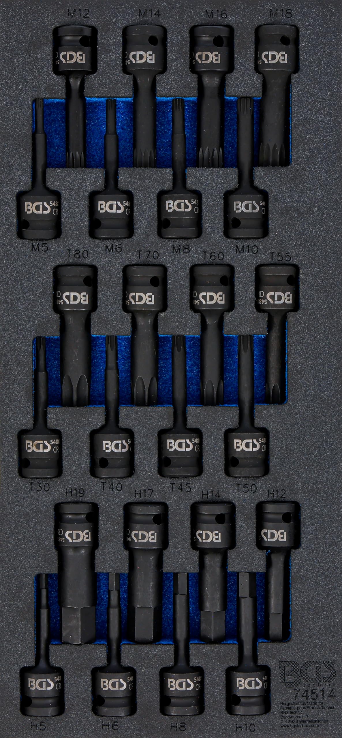 BGS 74514 | Werkstattwageneinlage 1/3 | Kraft-Bit-Einsatz-Satz 24-tlg. | Antrieb Innenvierkant 12,5 mm (1/2") | Innensechskant, T-Profil (für Torx), Innenvielzahn (für XZN) | Chrom-Molybdän-Stahl