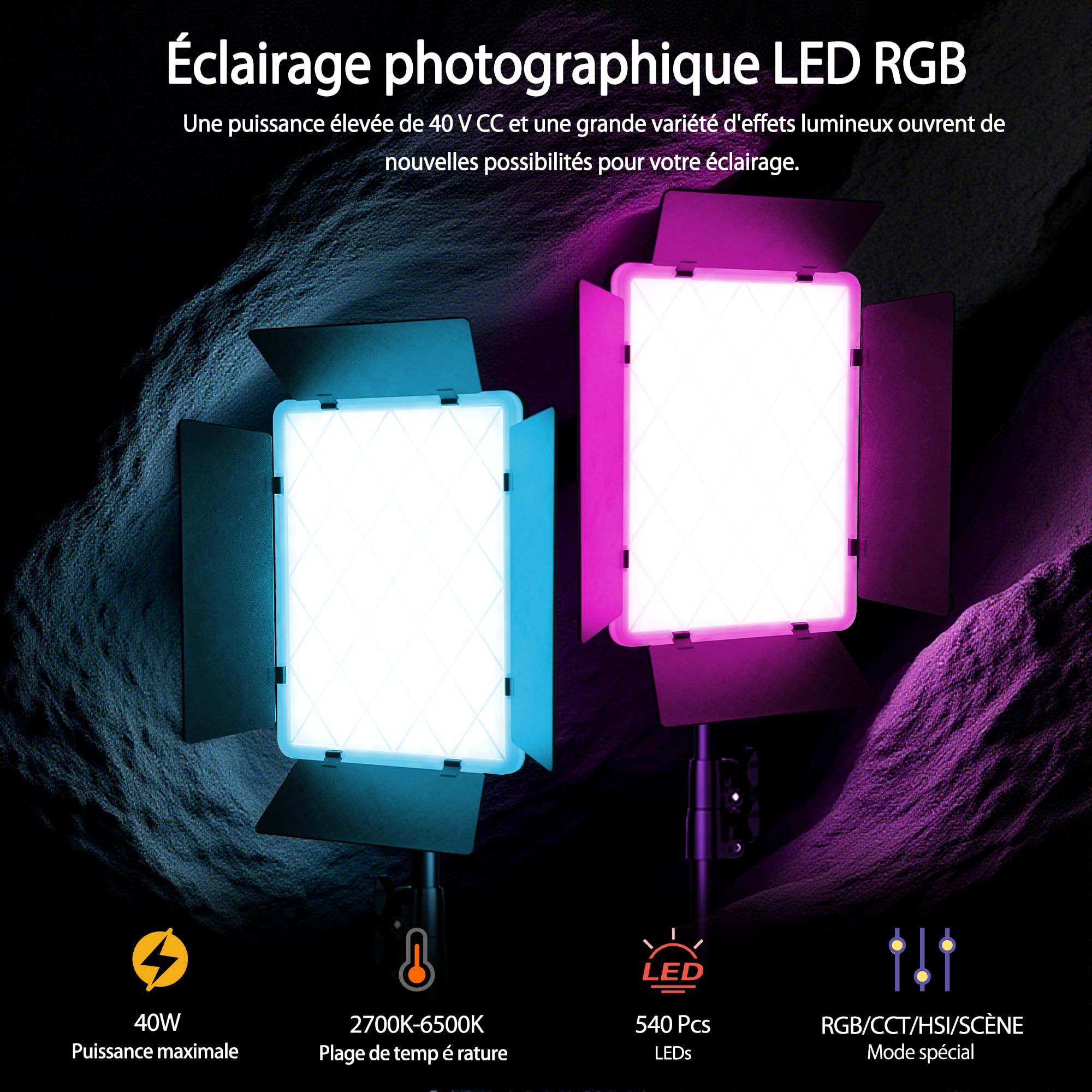 Niceveedi Lumiere Photo RGB 15 inch, 2x40W Lampes Vidéo LED avec Support, Panneau Lumineux de Studio Coloré 2700K-6500K avec Modes RGB/CCT/HSI/SCÈNE pour Youtube/TikTok/Streaming en Direct/Jeux